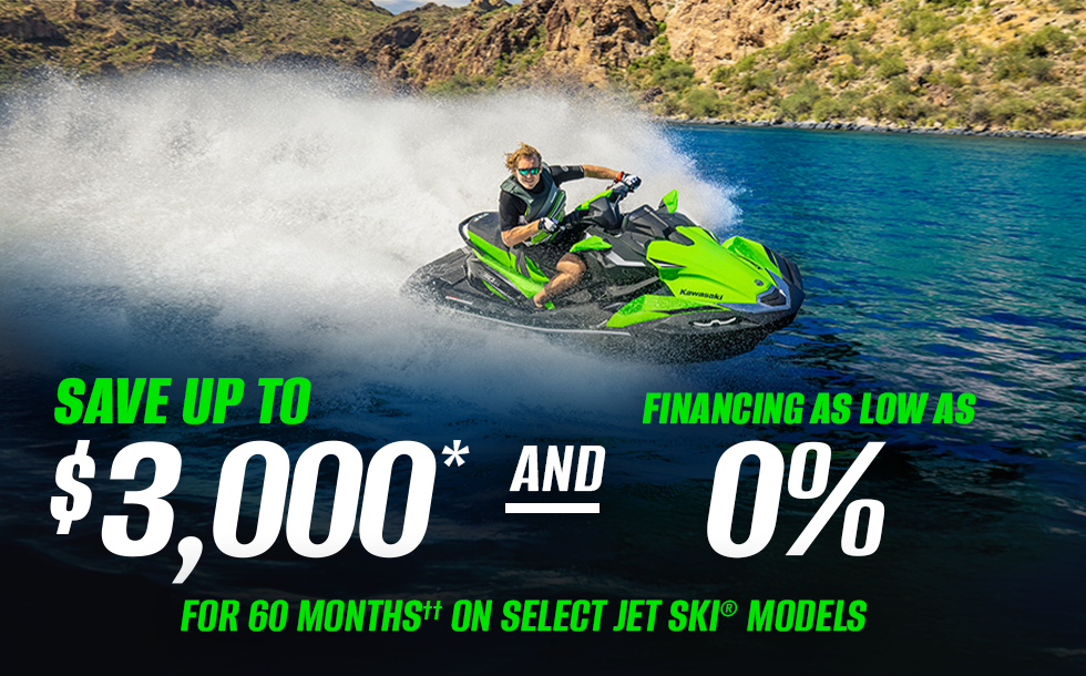 Save up to $3,000 and financing as low as 0% for 60 months on select Jet Ski models, valid through September 30, 2026.