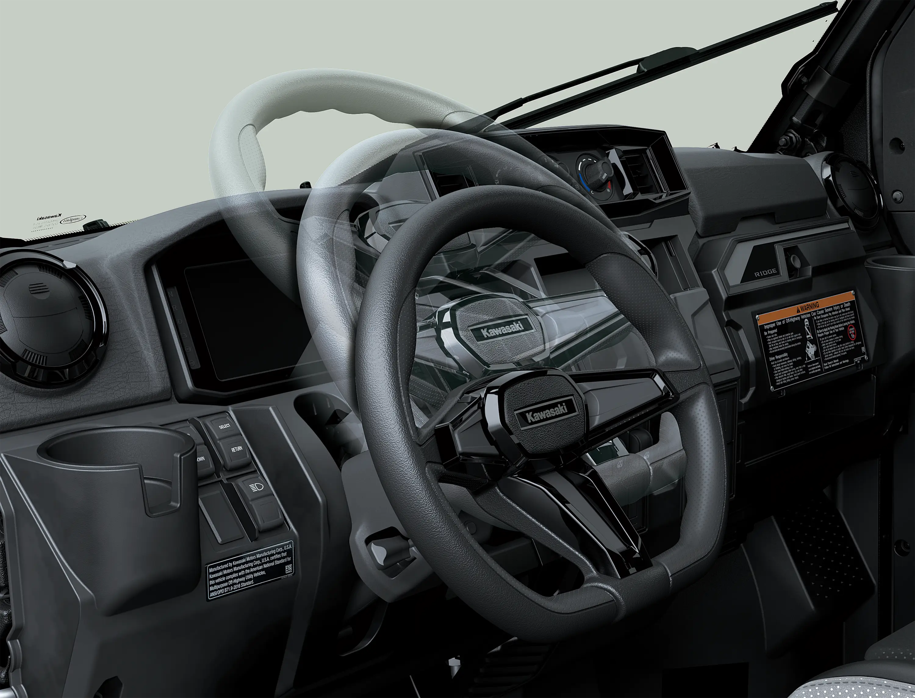 Side x side tilting steering wheel.