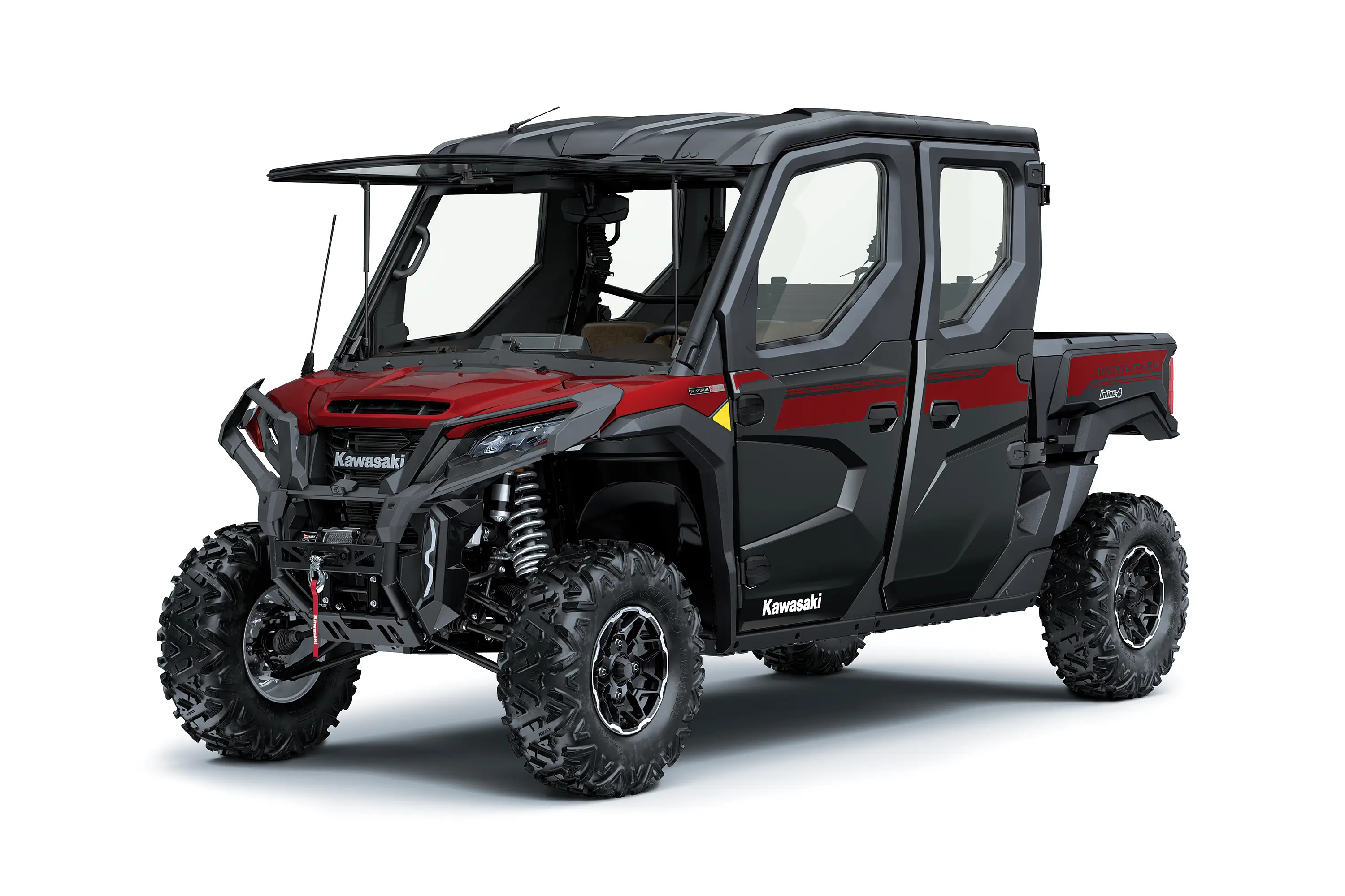 Three-quarter front angle of a flip-up windshield of a side x side staged in a white studio background.