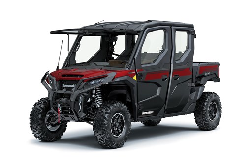 Three-quarter front angle of a flip-up windshield of a side x side staged in a white studio background. opens in a new window