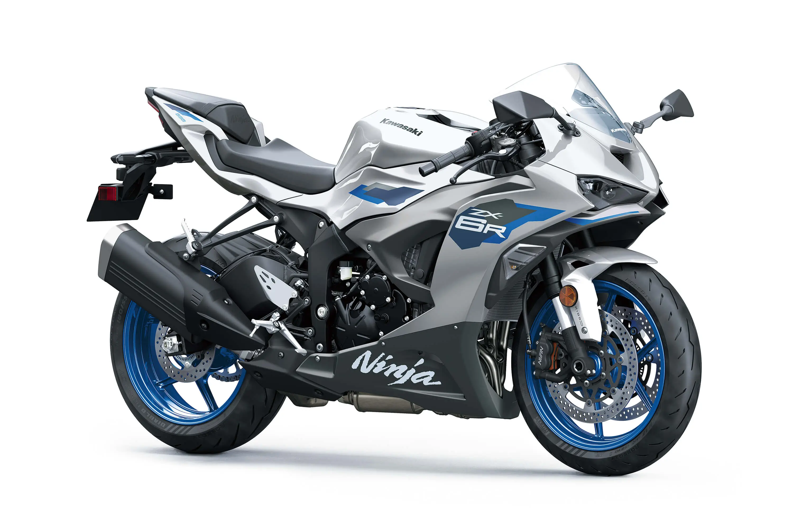 Three-quarter front angle of a silver motorcycle staged in a white studio background.