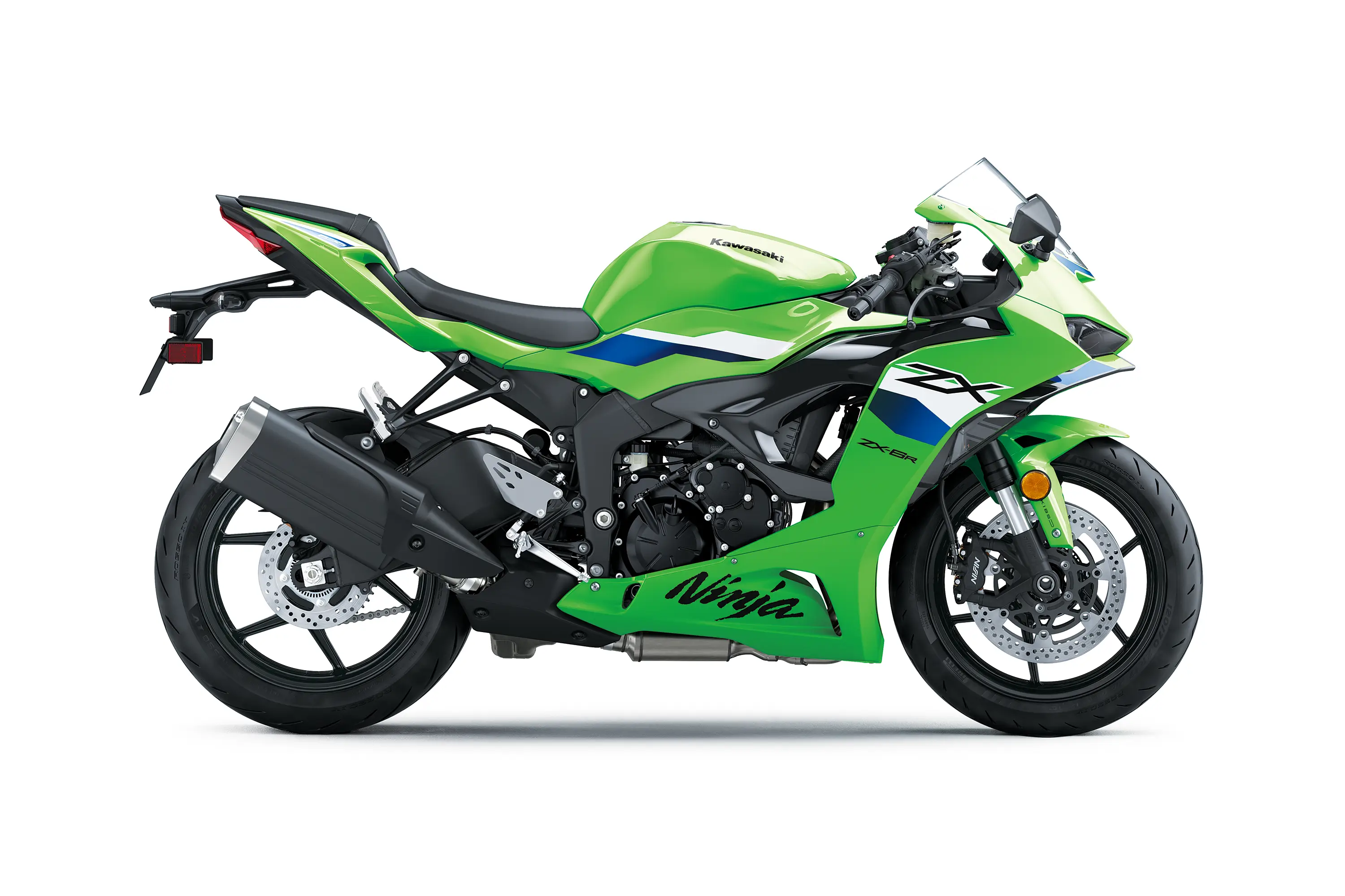 Side angle of a green motorcycle staged in a white studio background.