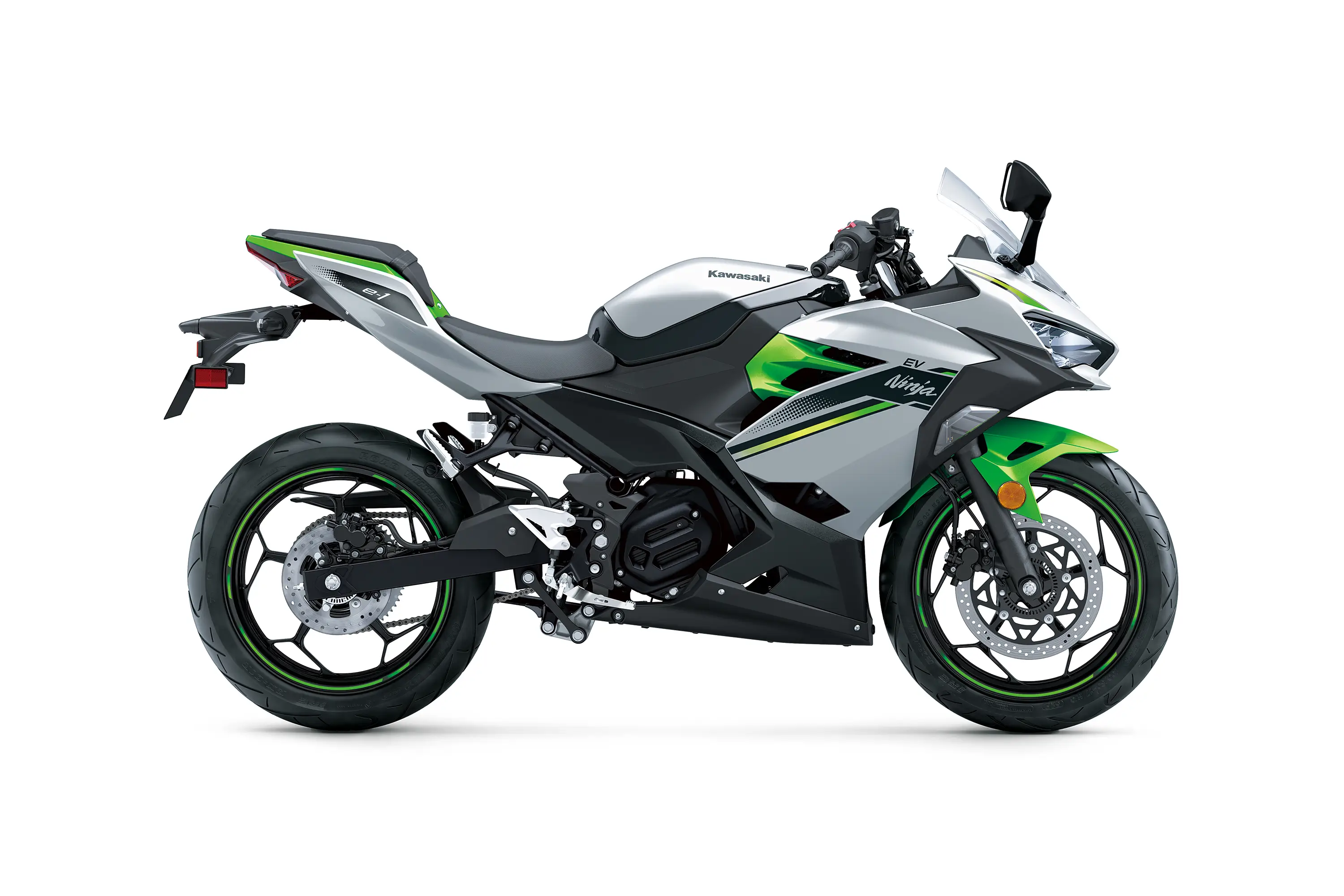 Side angle of a motorcycle staged in a white studio background.