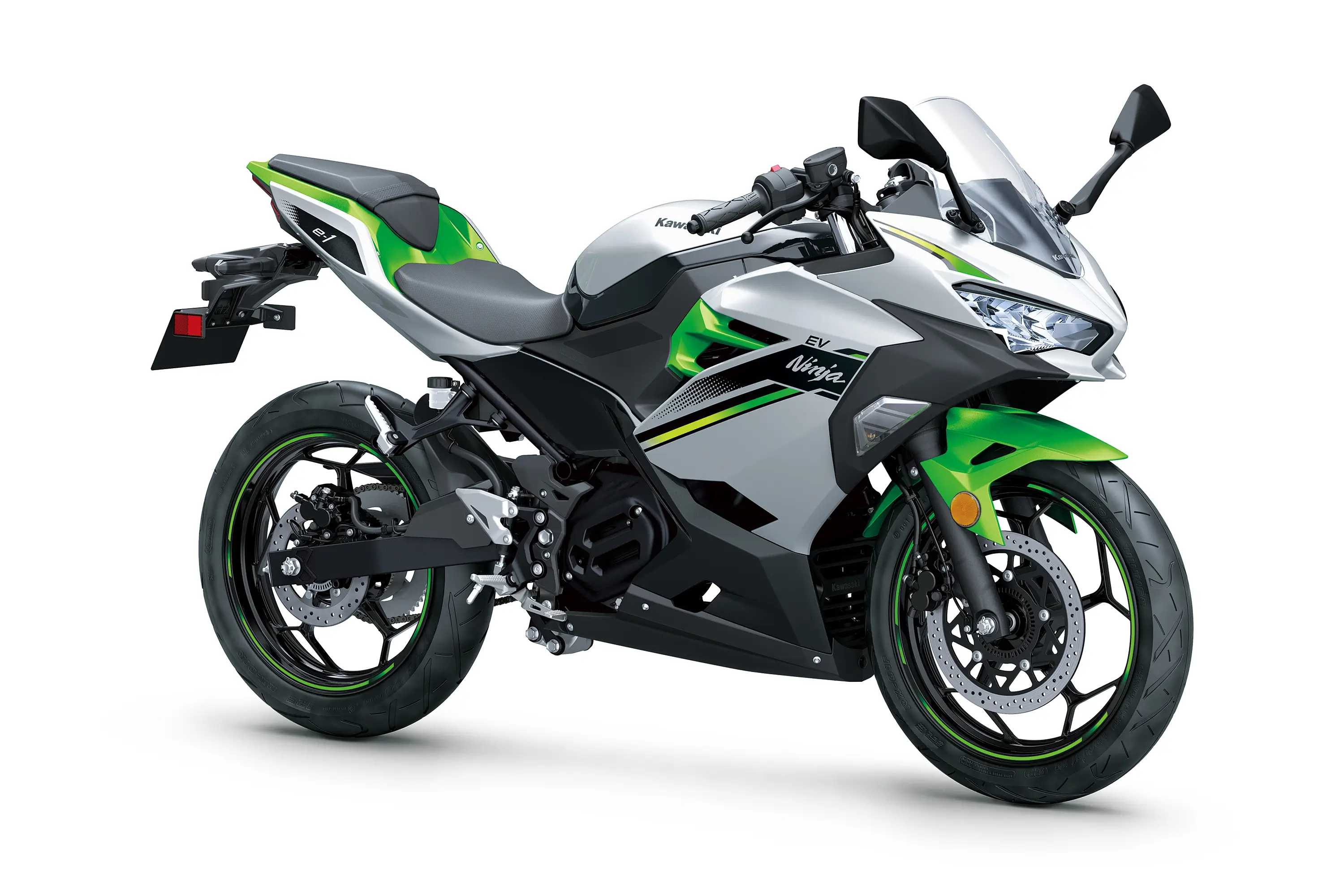 Three-quarter front angle of a motorcycle staged in a white studio background.