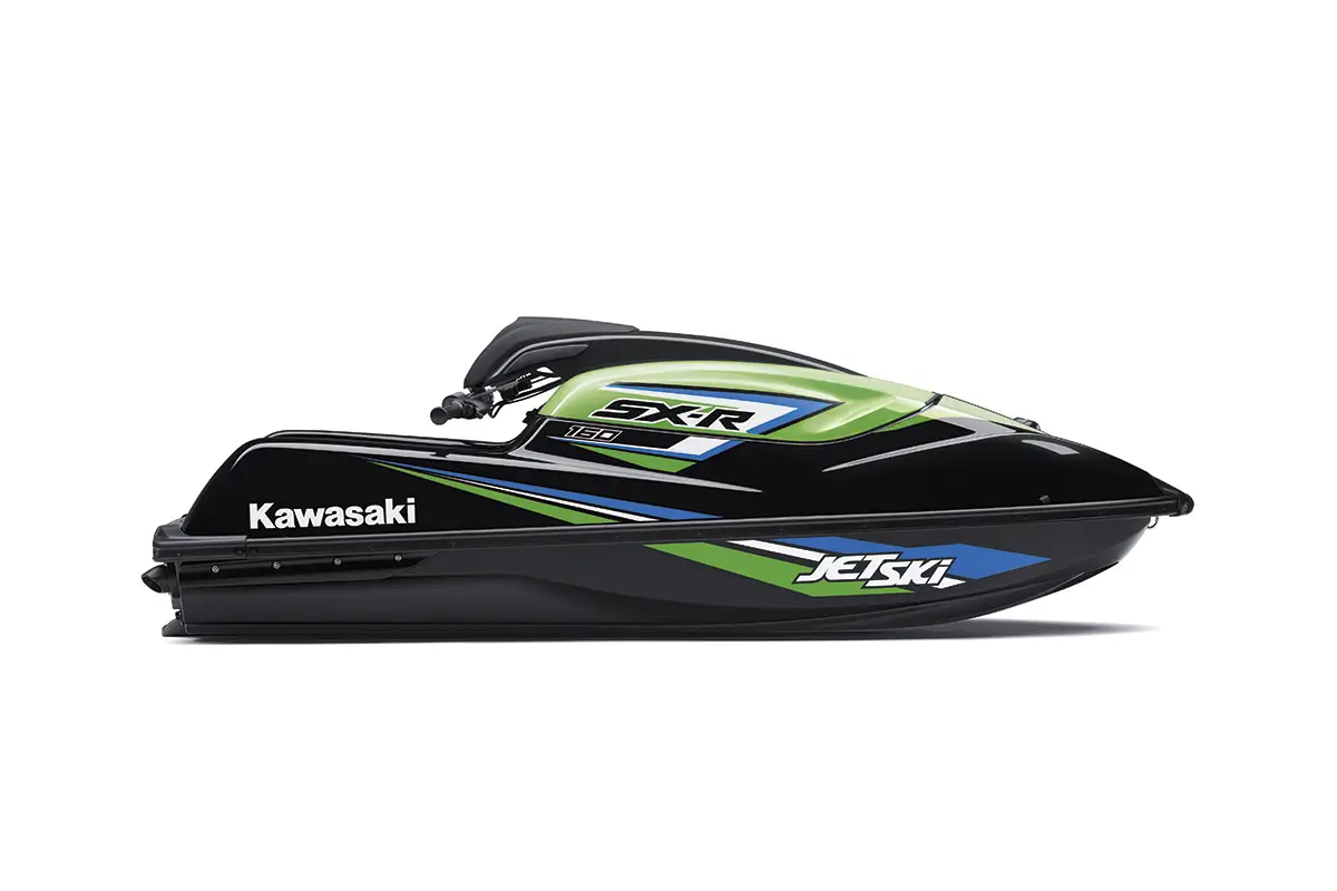 Side angle of a personal watercraft staged in a white studio background.
