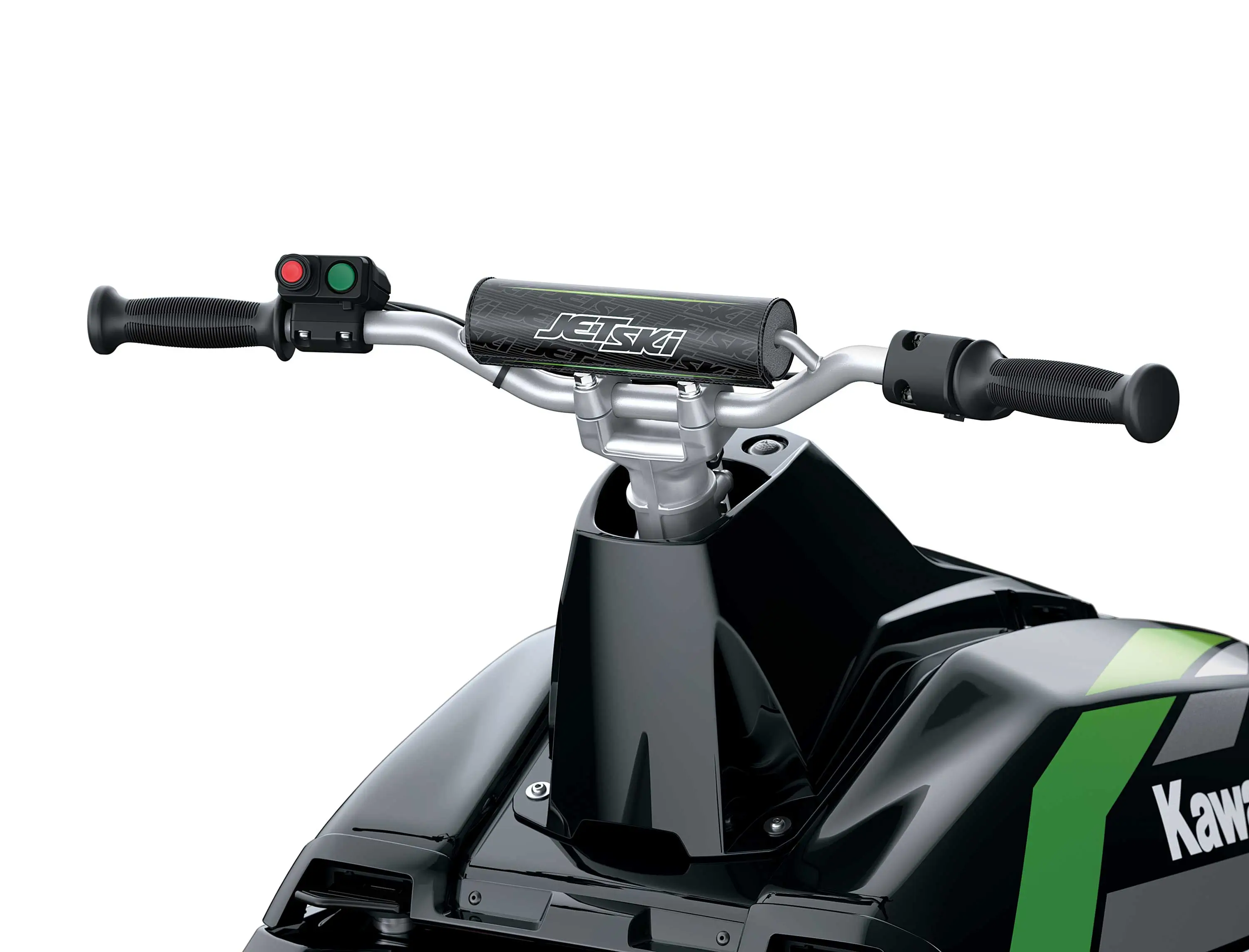Handlebar of a personal watercraft in a white studio background.