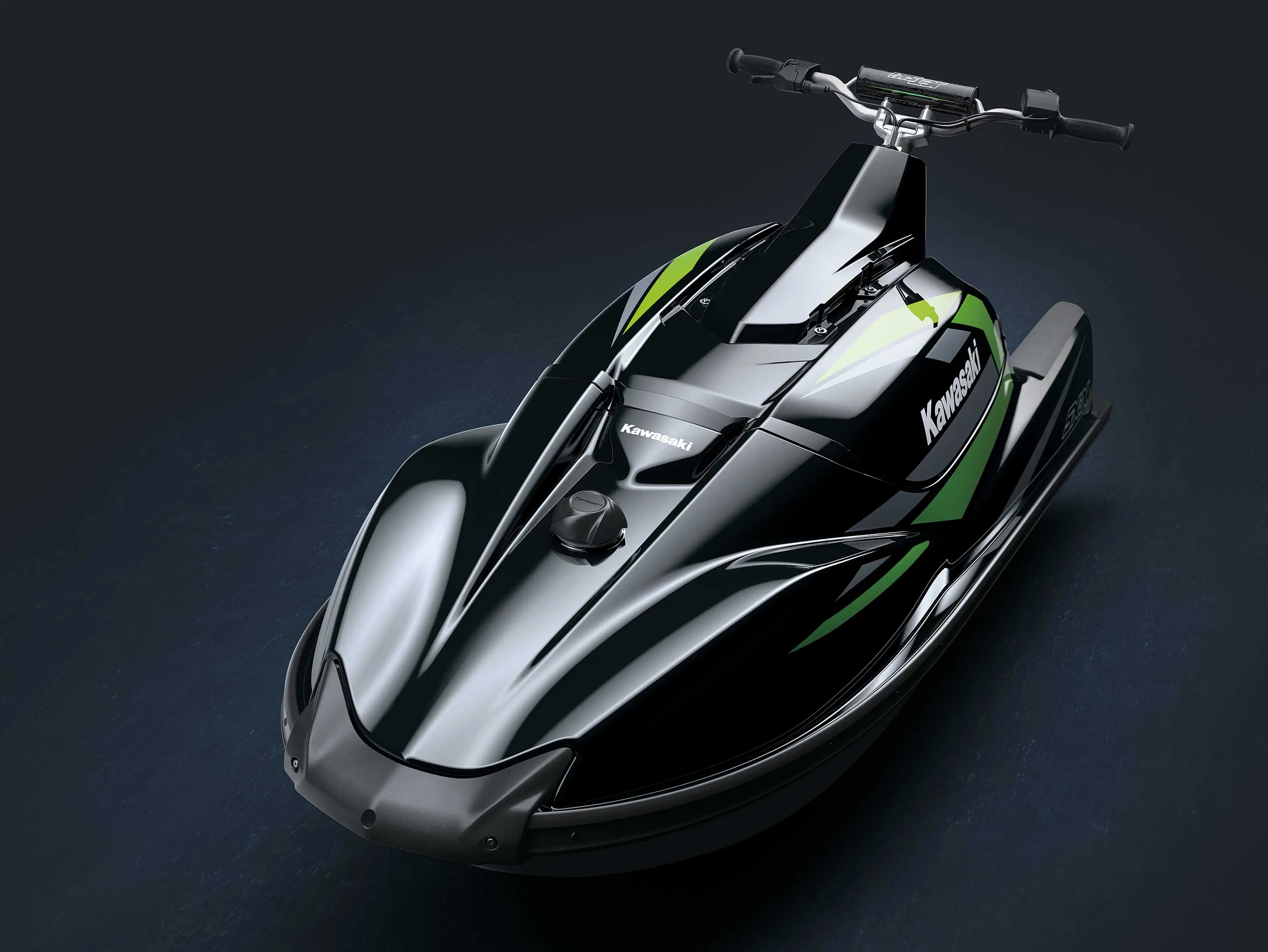 Overhead three-quarter front angle of a personal watercraft staged in a black studio background.