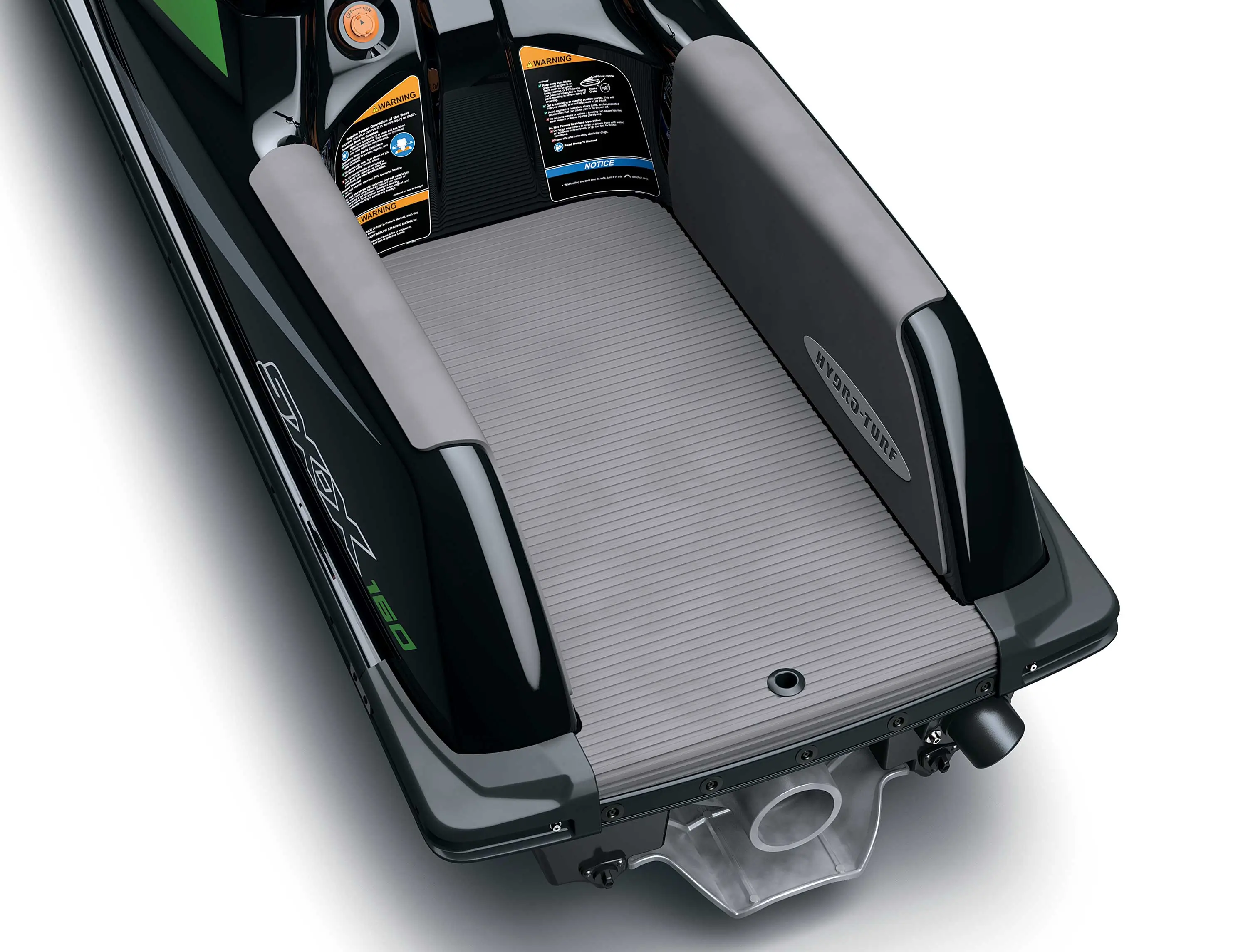 Overhead view of rear deck of a personal watercraft in a white studio background.