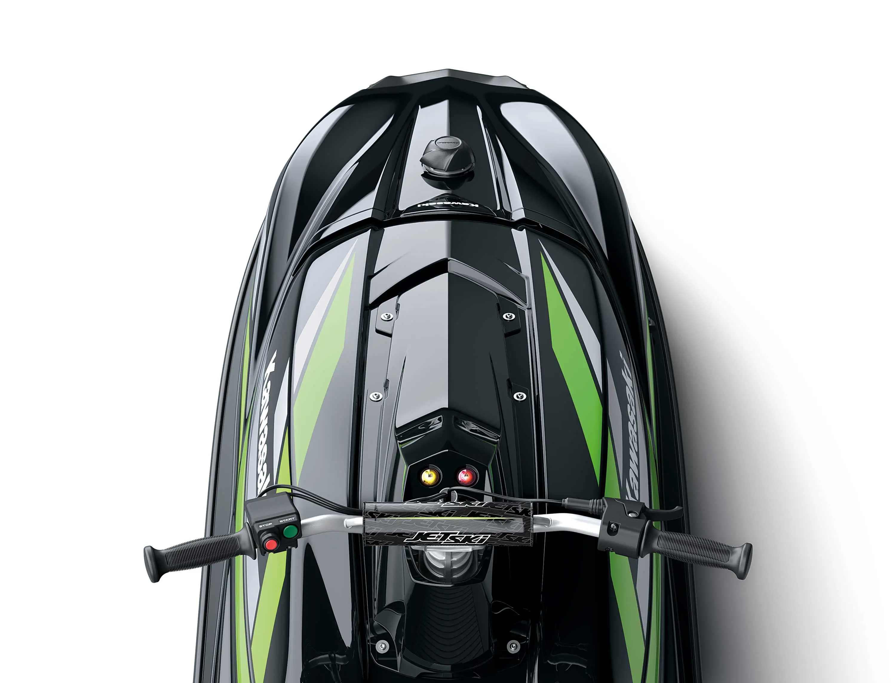 Overhead angle of a personal watercraft in a white studio background.