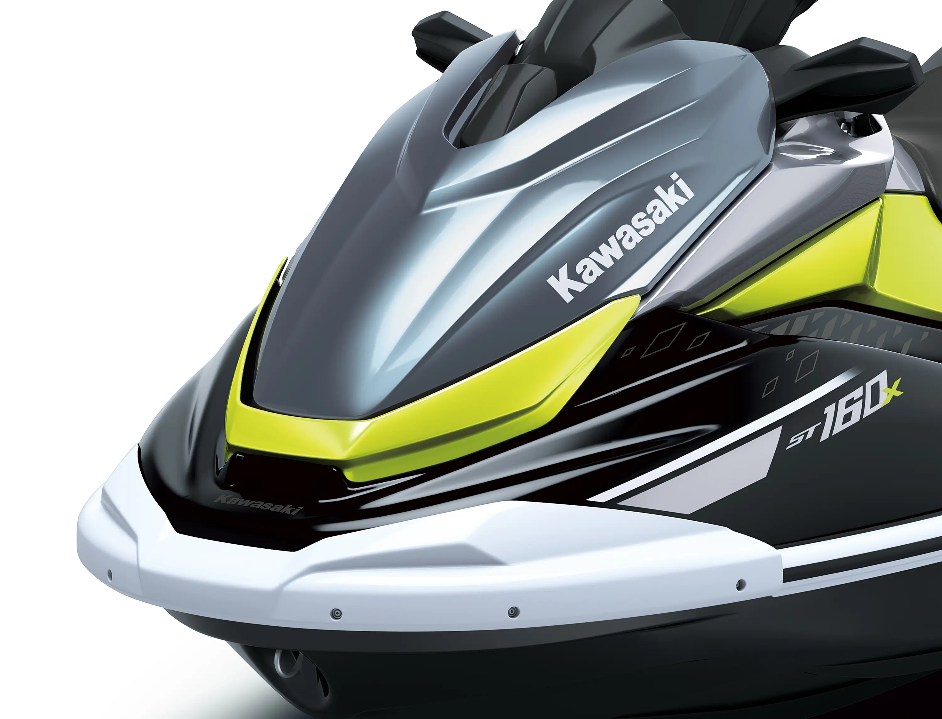 Closeup on the nose of a personal watercraft staged in a white studio background.