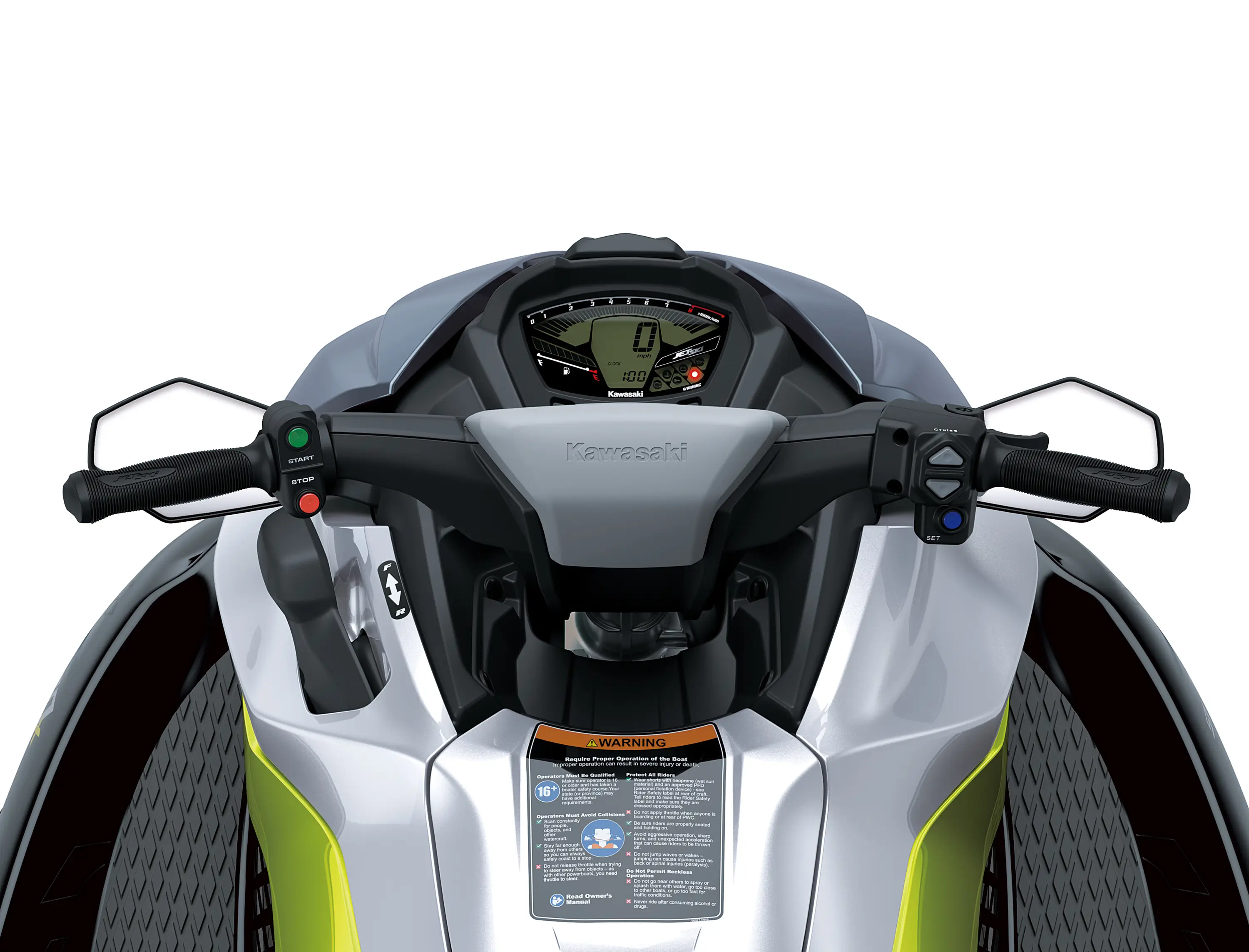 Rider POV of a personal watercraft staged in a white studio background.