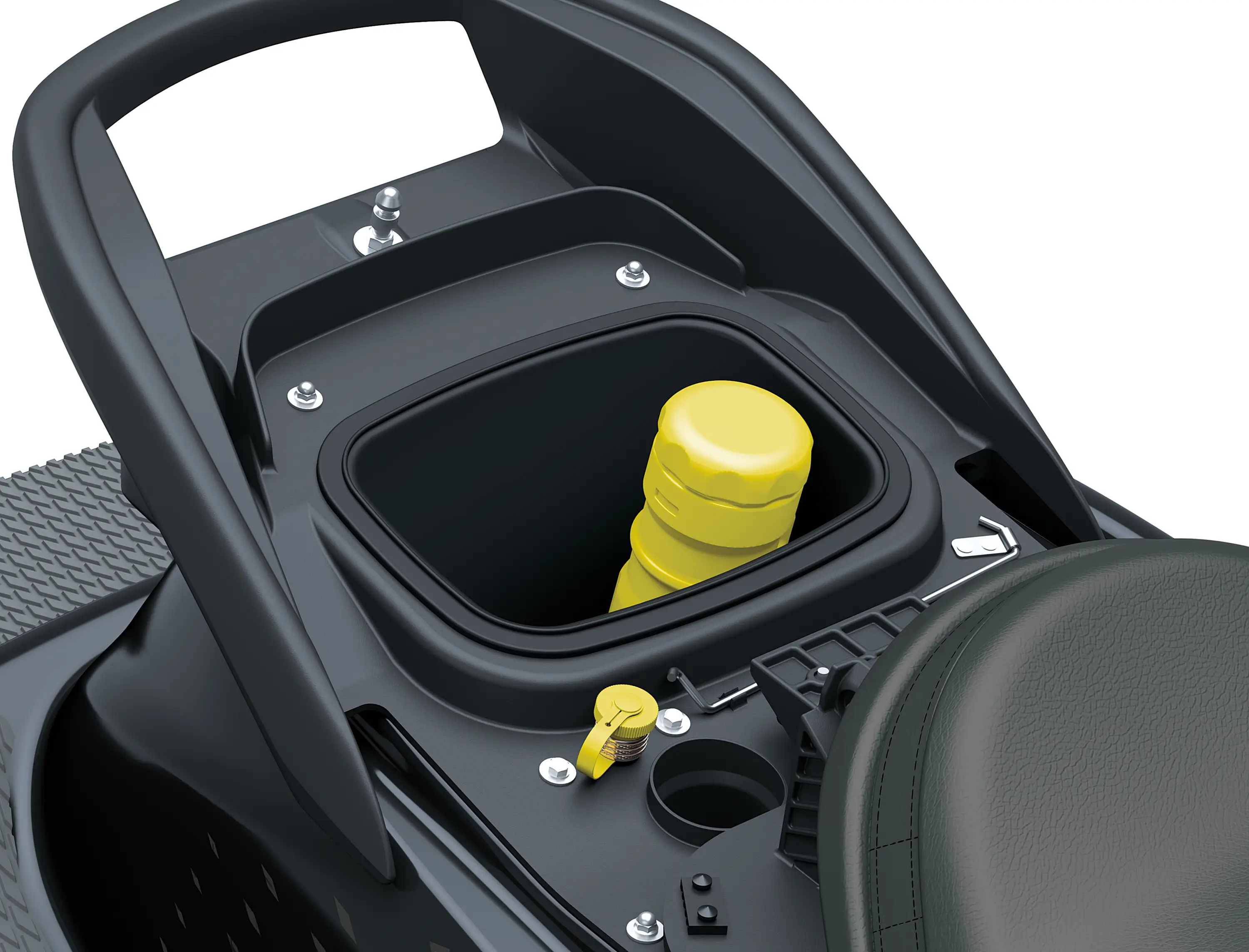 Rear storage in a watercraft in a white studio background.