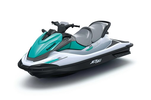 Three-quarter front angle of a blue personal watercraft staged in a white studio background. opens in a new window