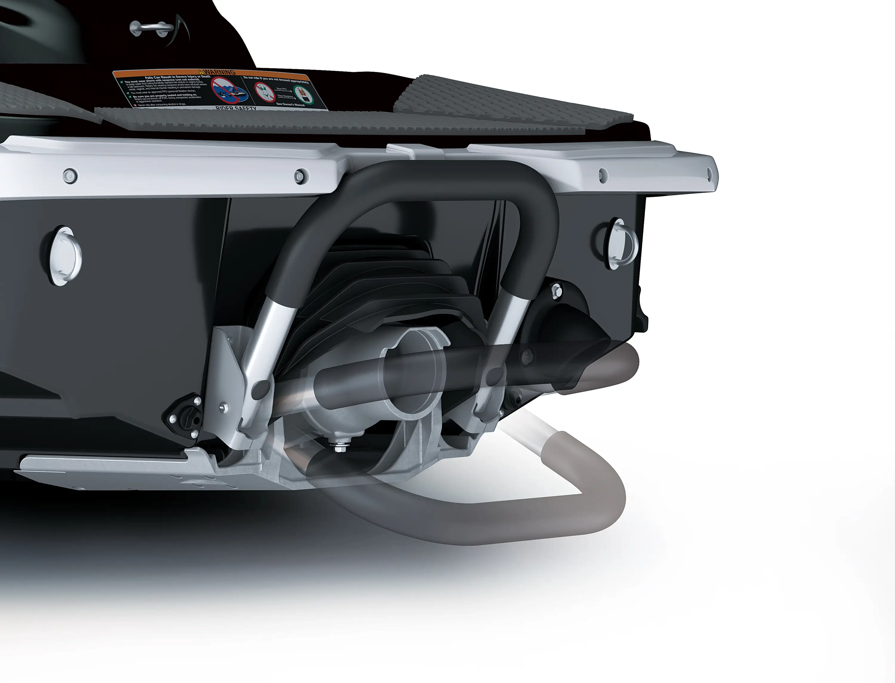 Rear angle detail of a watercraft in a white studio background.