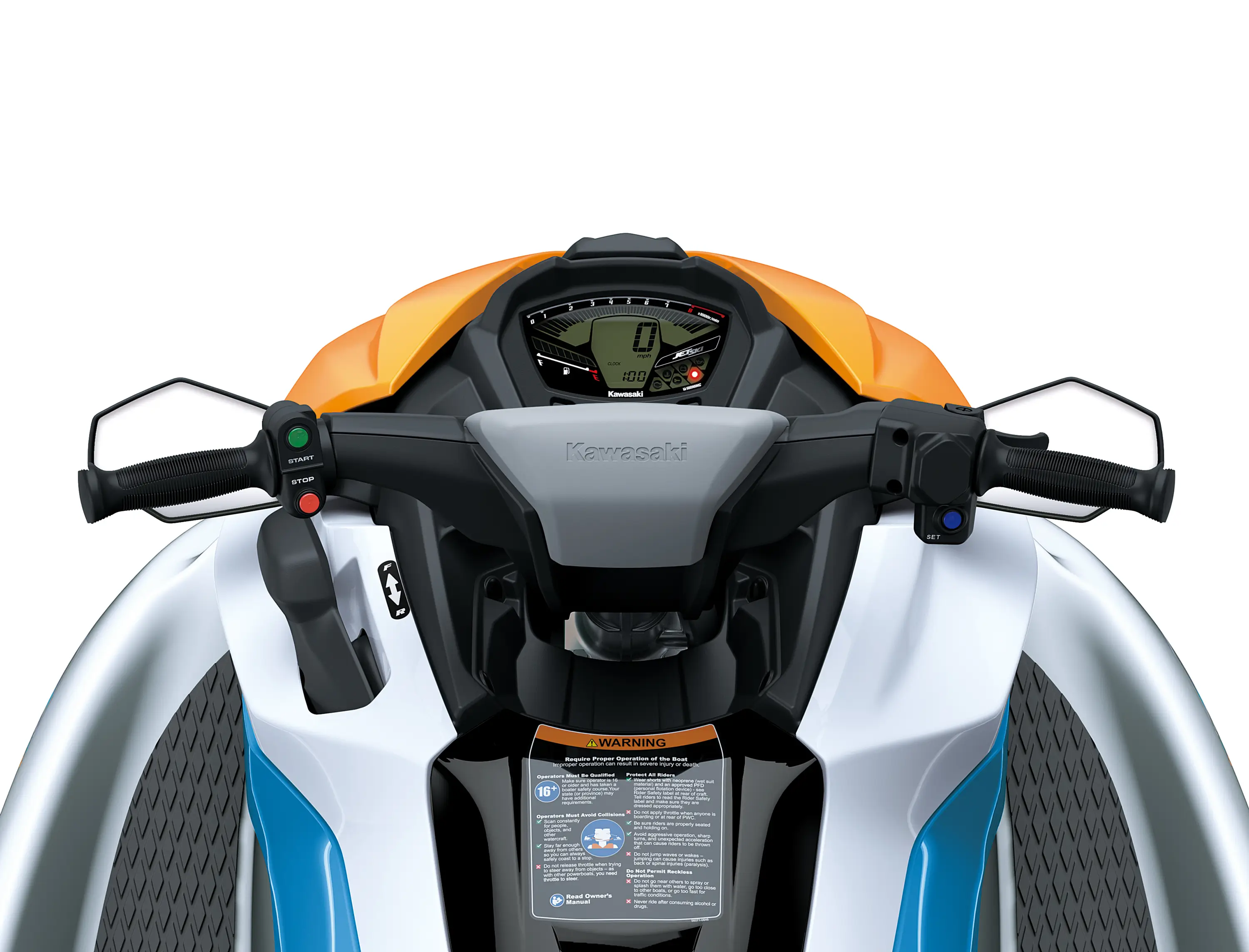 Rider POV of a watercraft in a white studio background.