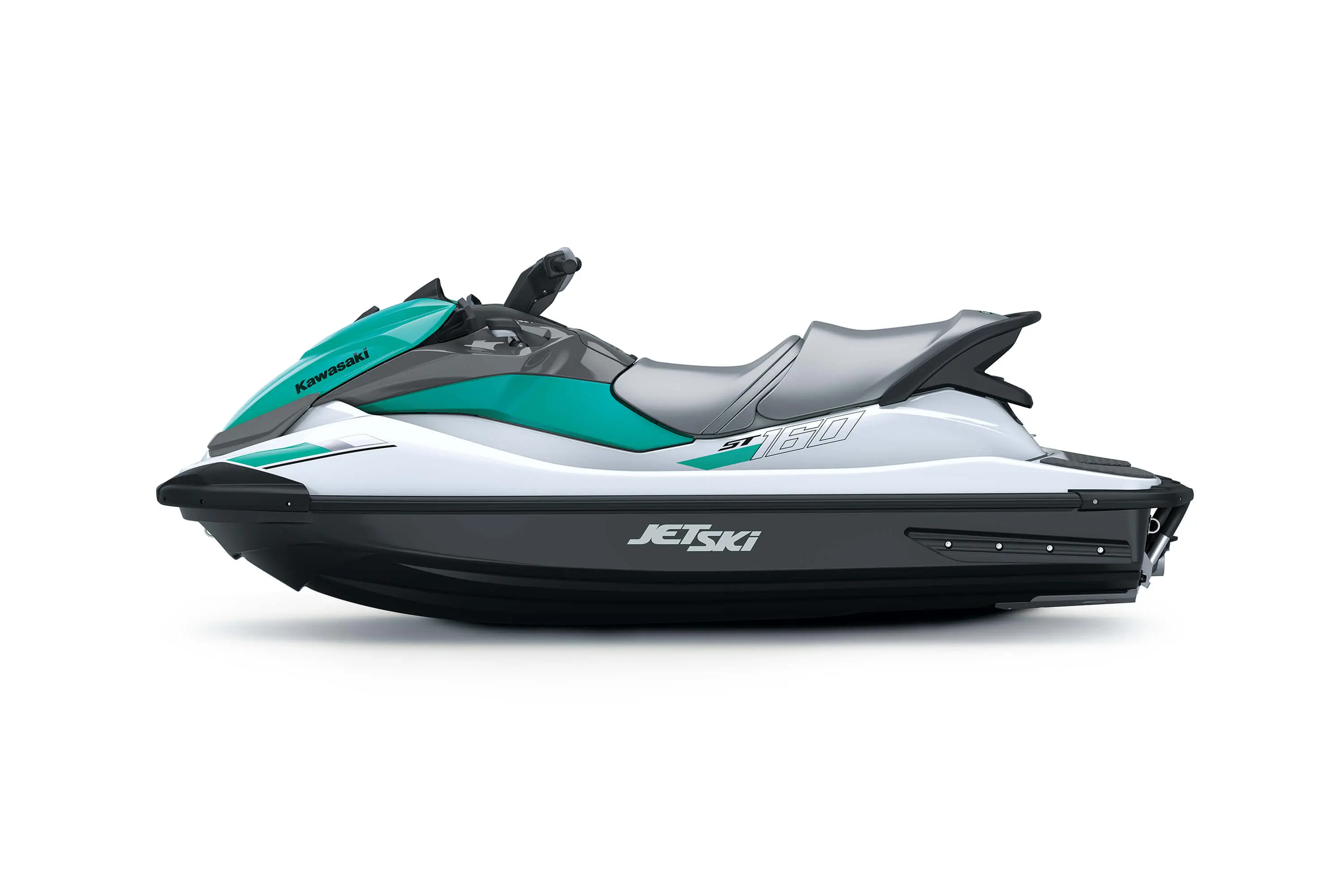 Side angle of a blue personal watercraft staged in a white studio background.