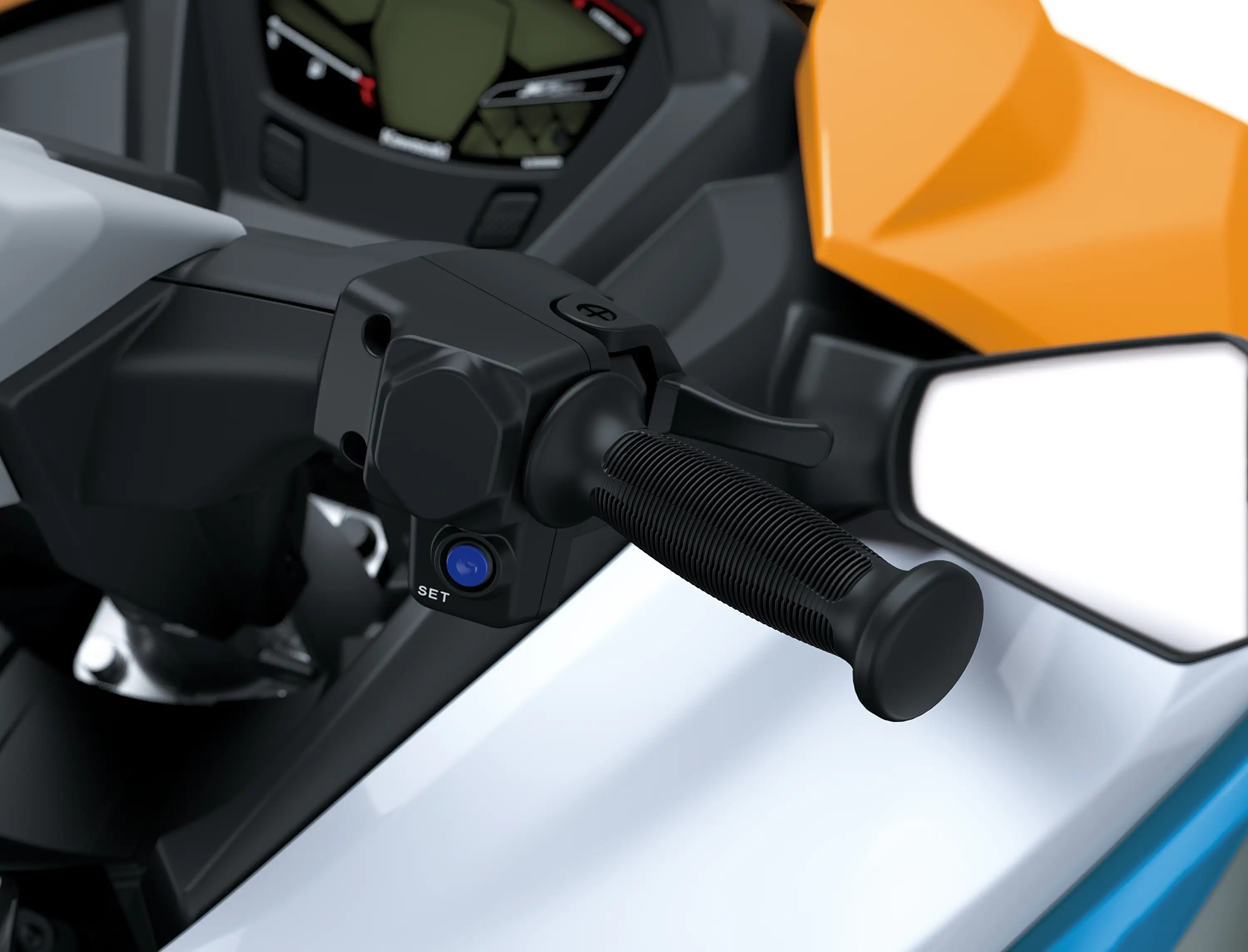 Handlebar on a watercraft in a white studio background.