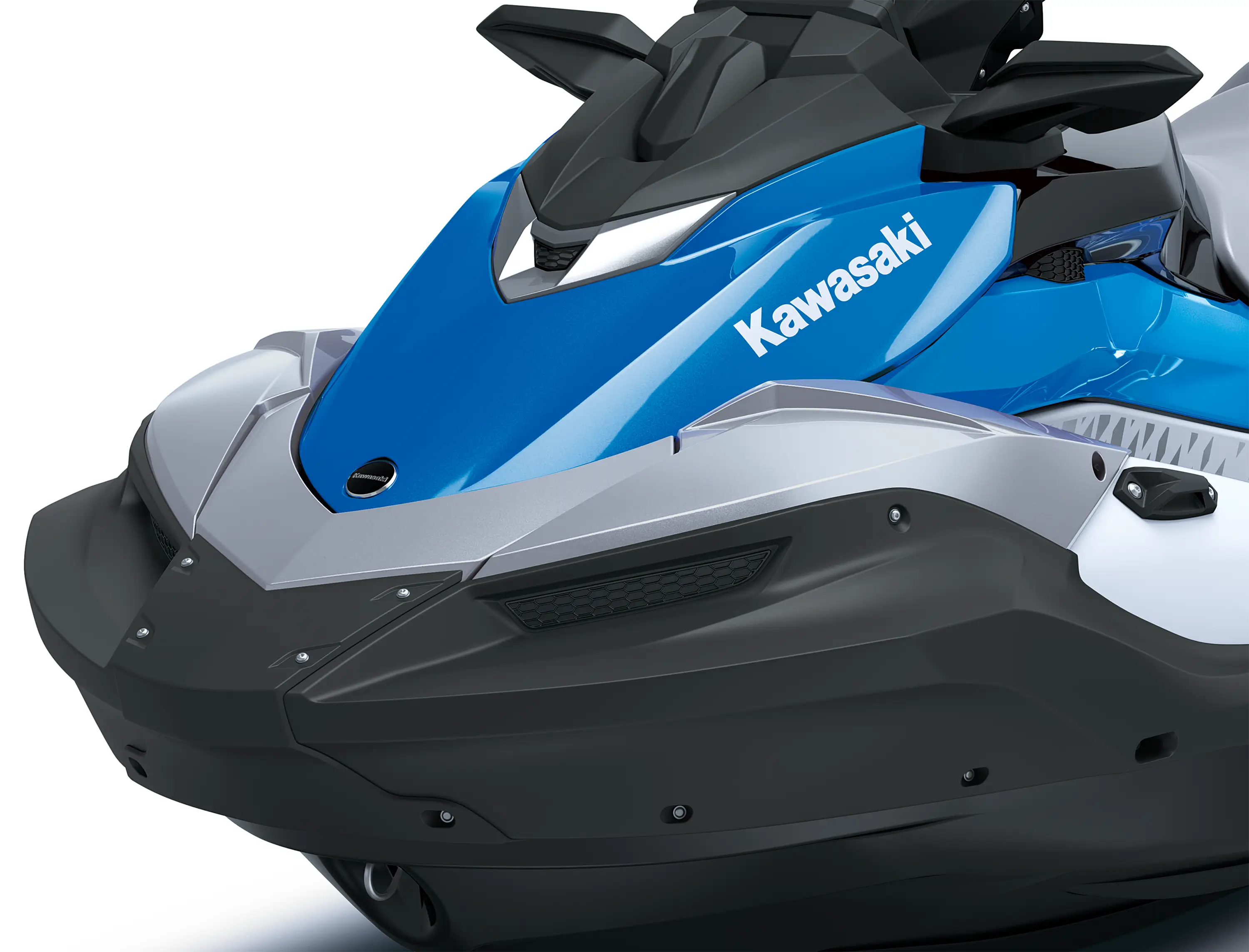 Closeup on the nose of a personal watercraft staged in a white studio background.
