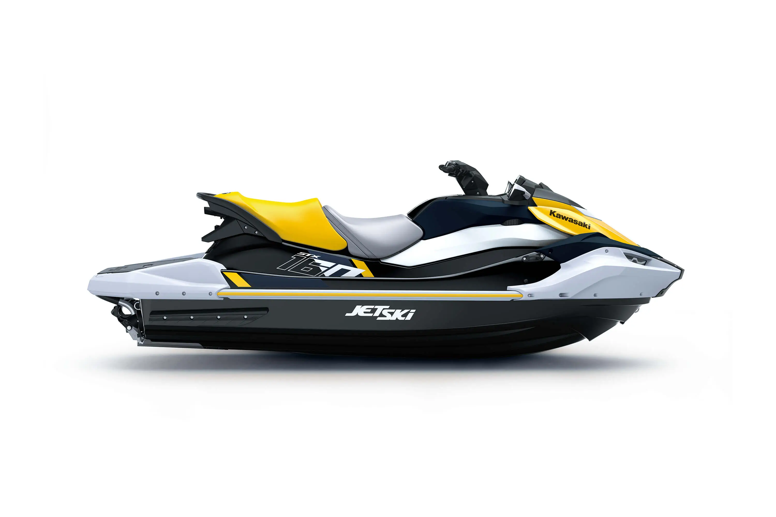 Side angle of a personal watercraft staged in a white studio background.