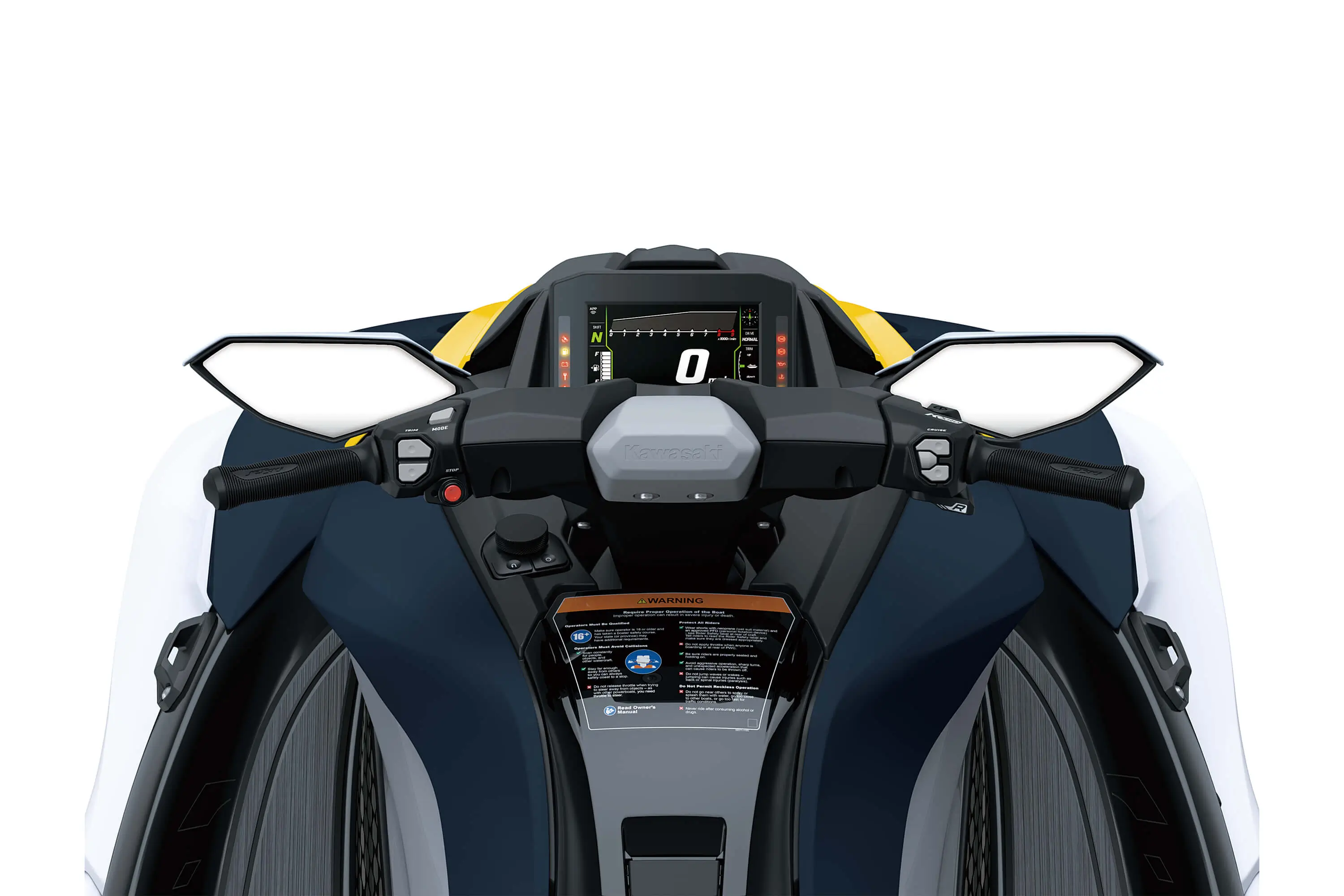 Rider POV of a personal watercraft staged in a white studio background.