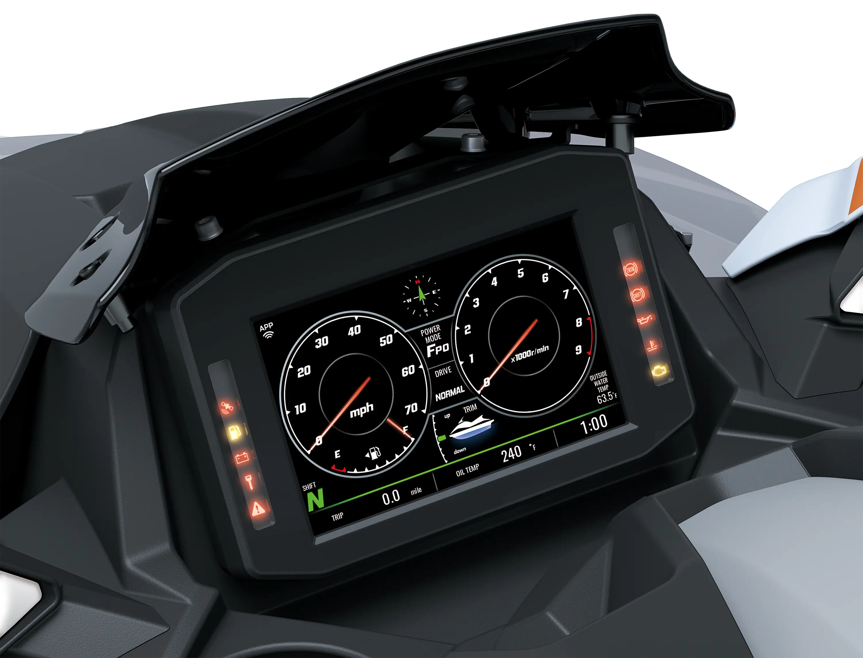 TFT screen gauges of a personal watercraft staged in a white studio background.