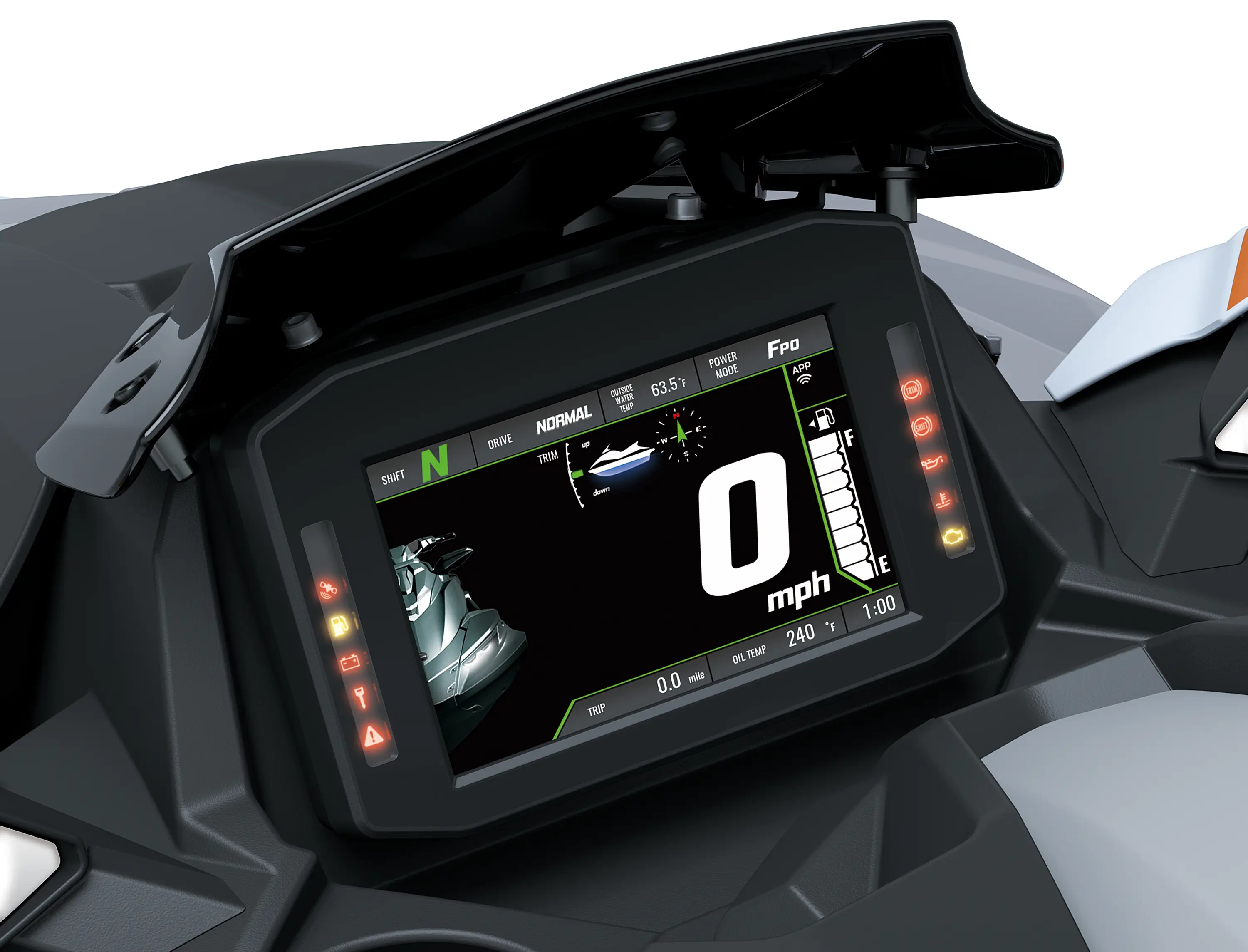 TFT screen MPH of a personal watercraft staged in a white studio background.