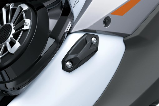 Close up detail of a personal watercraft staged in a white studio background. opens in a new window