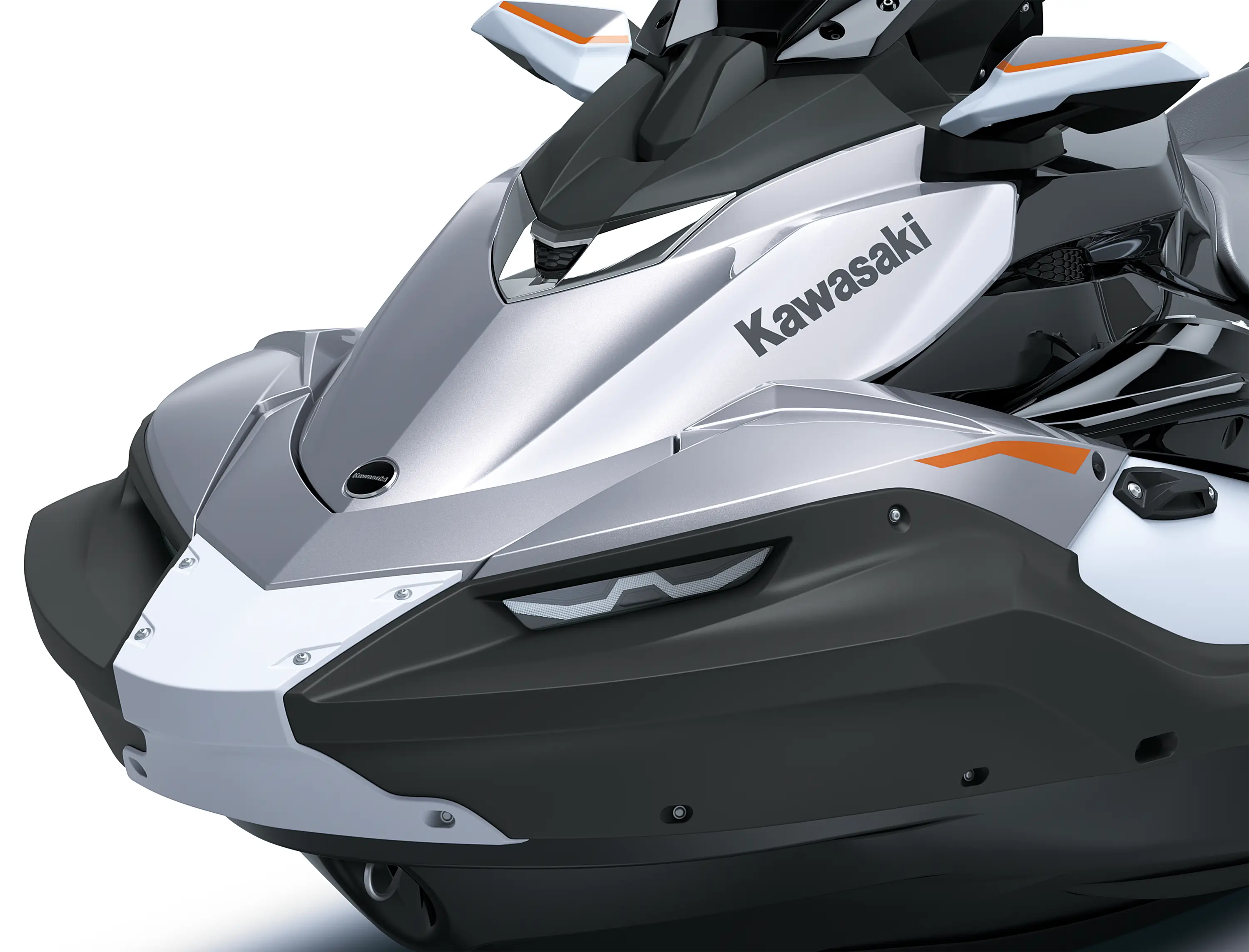 Closeup on the nose of a personal watercraft staged in a white studio background.