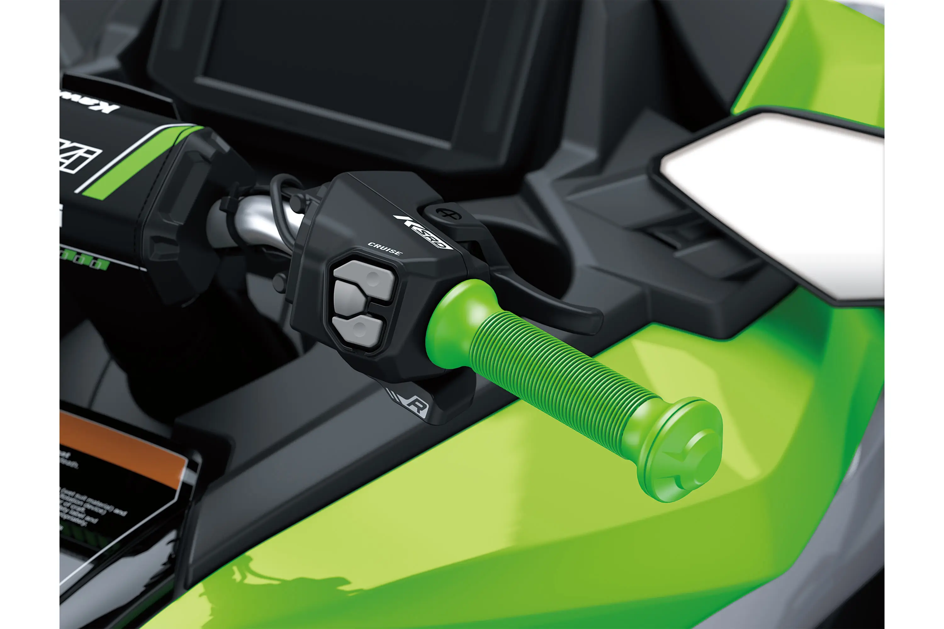 Right side handlebar of a personal watercraft staged in a white studio background.
