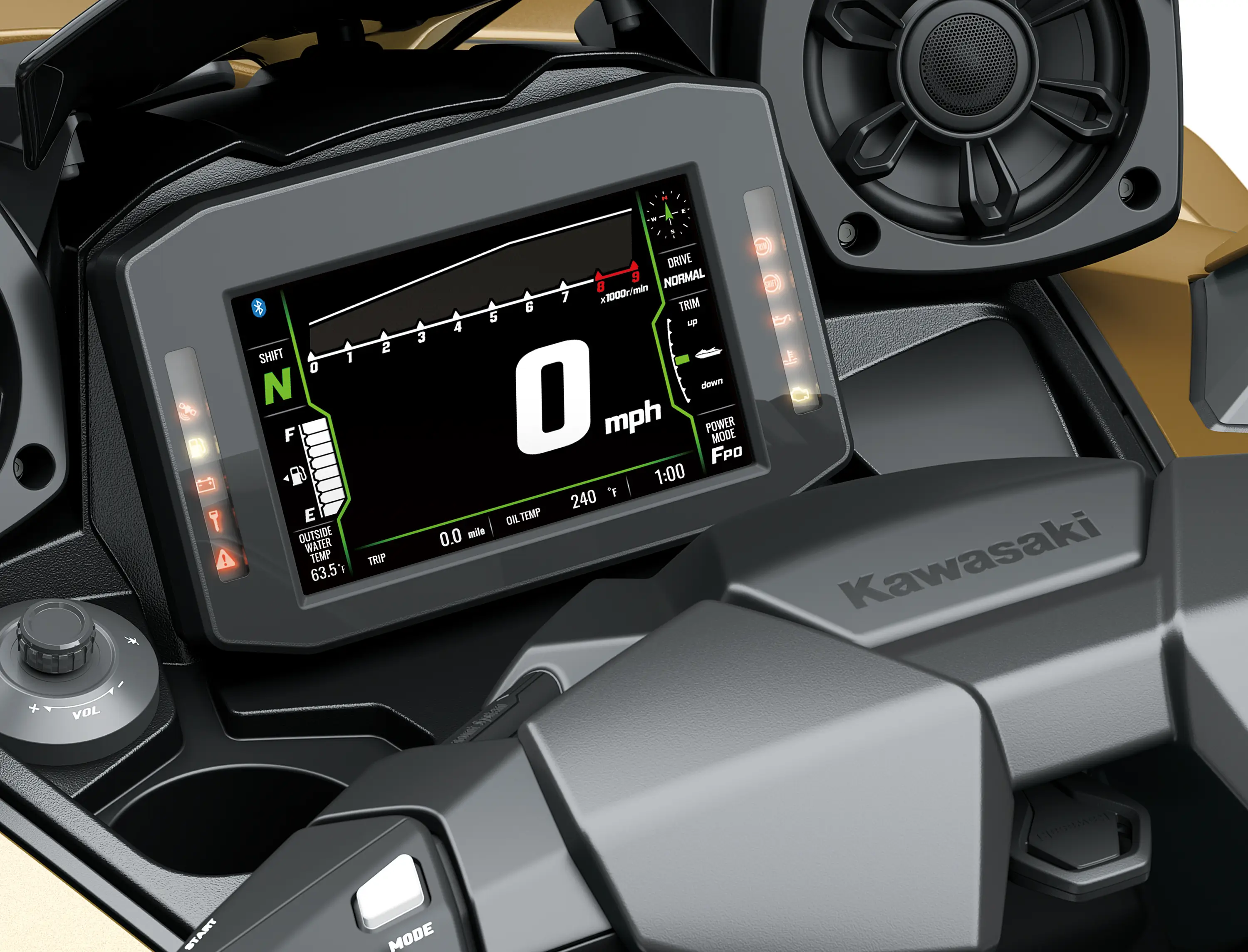 TFT screen of a personal watercraft staged in a white studio background.