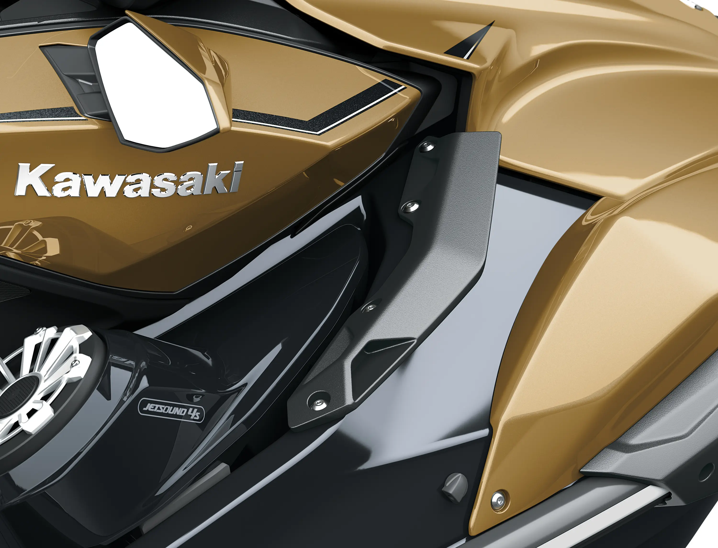 Close up detail of a personal watercraft staged in a white studio background.