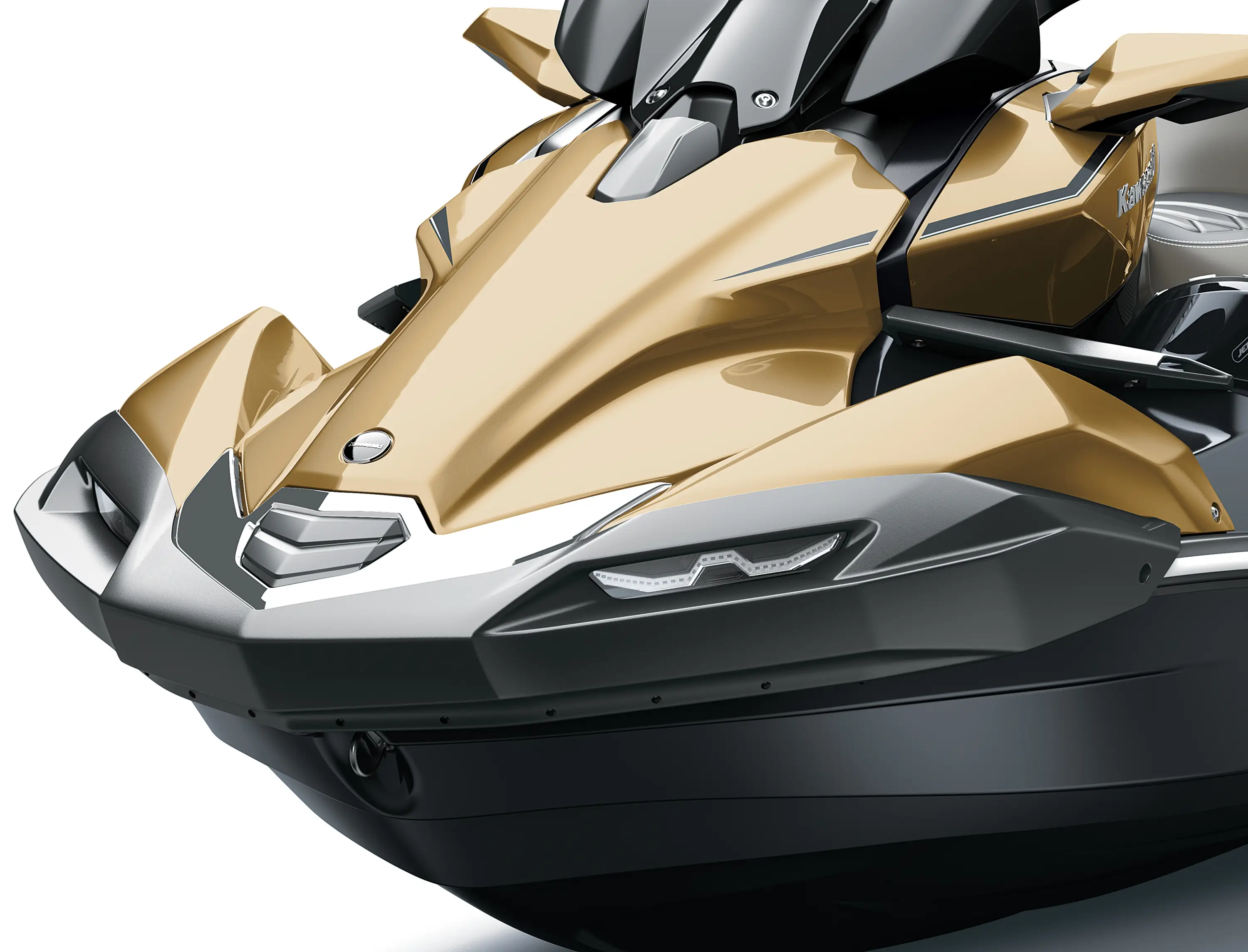 Closeup on the nose of a personal watercraft staged in a white studio background.