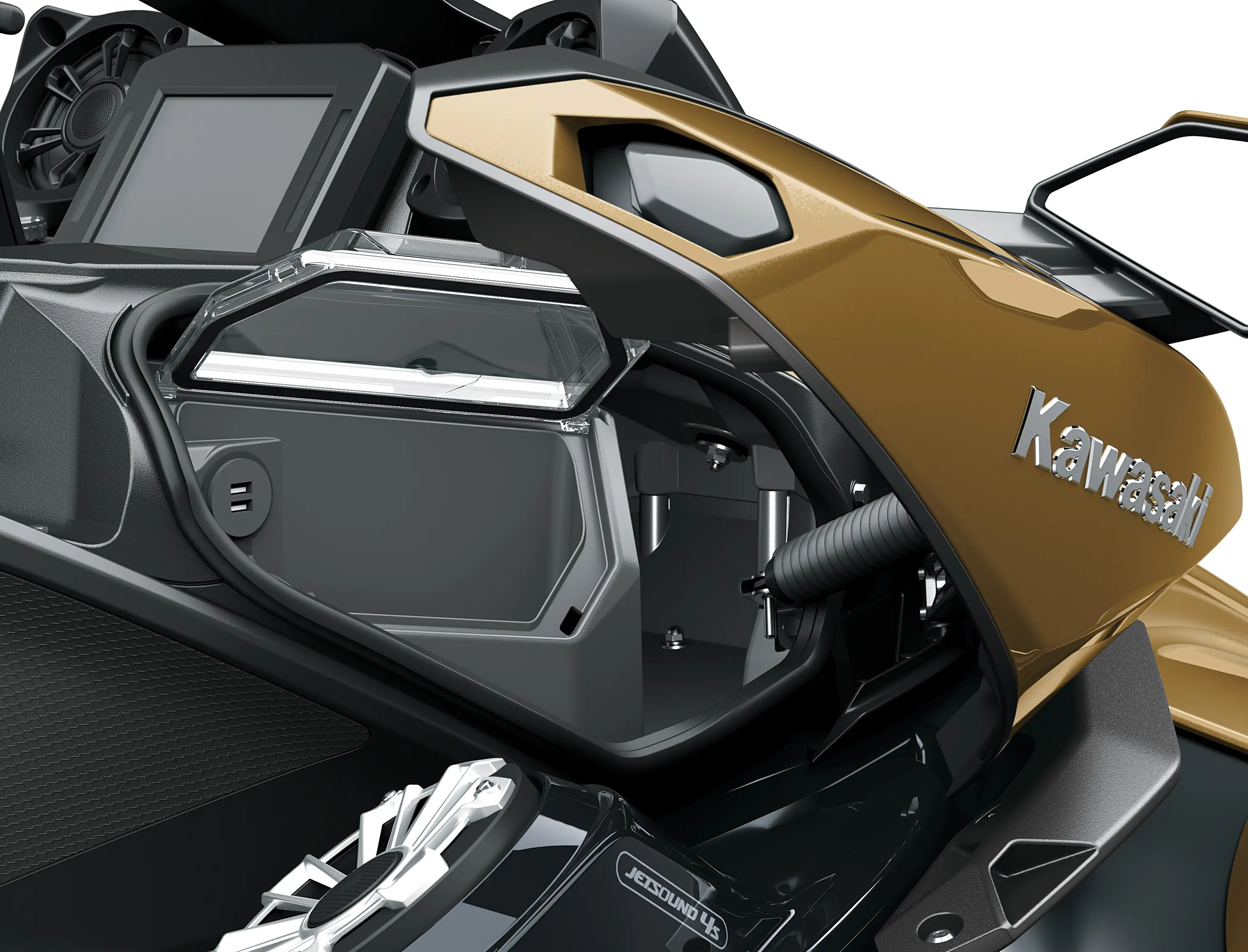 Front right of a personal watercraft staged in a white studio background.