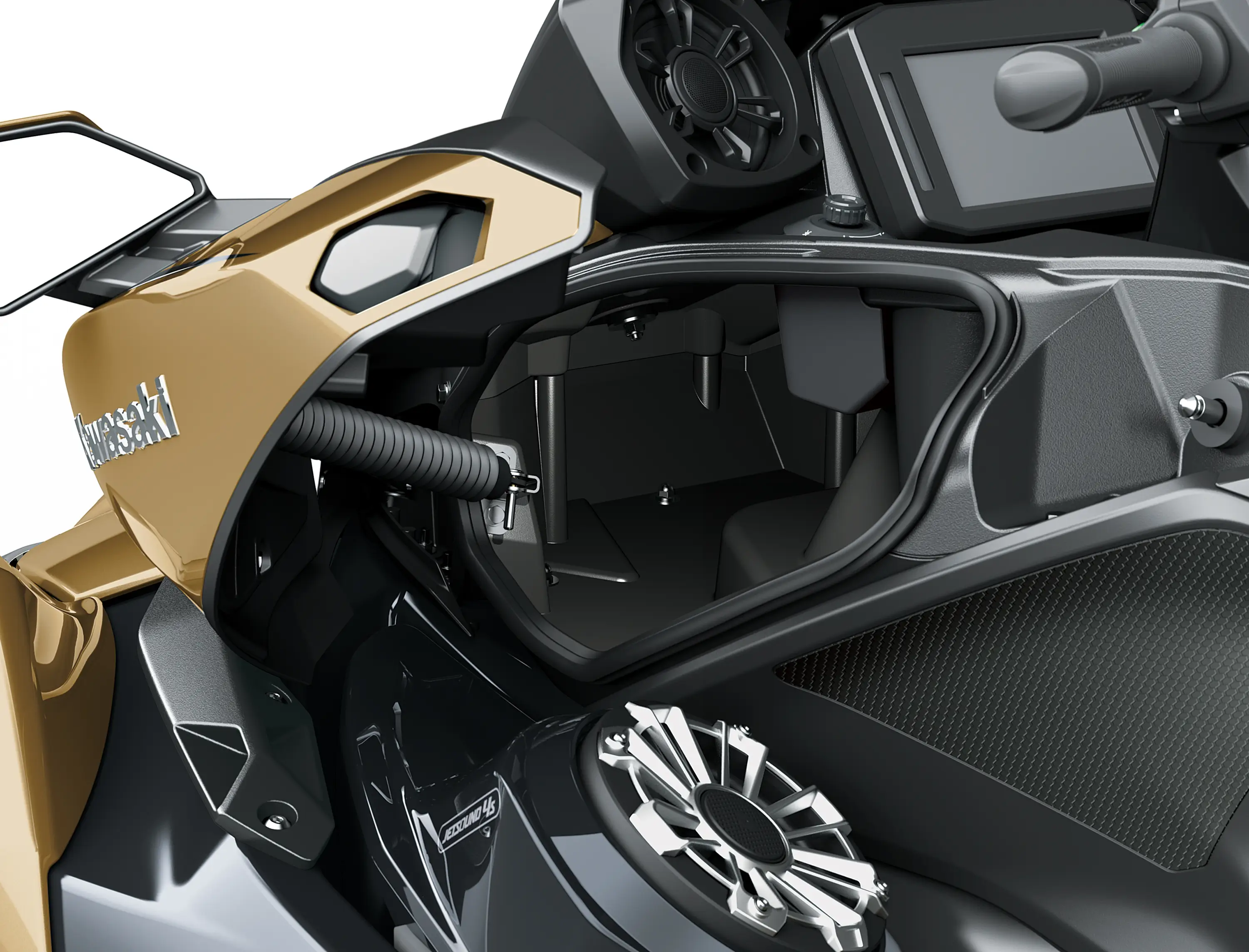 Front left of a personal watercraft staged in a white studio background.