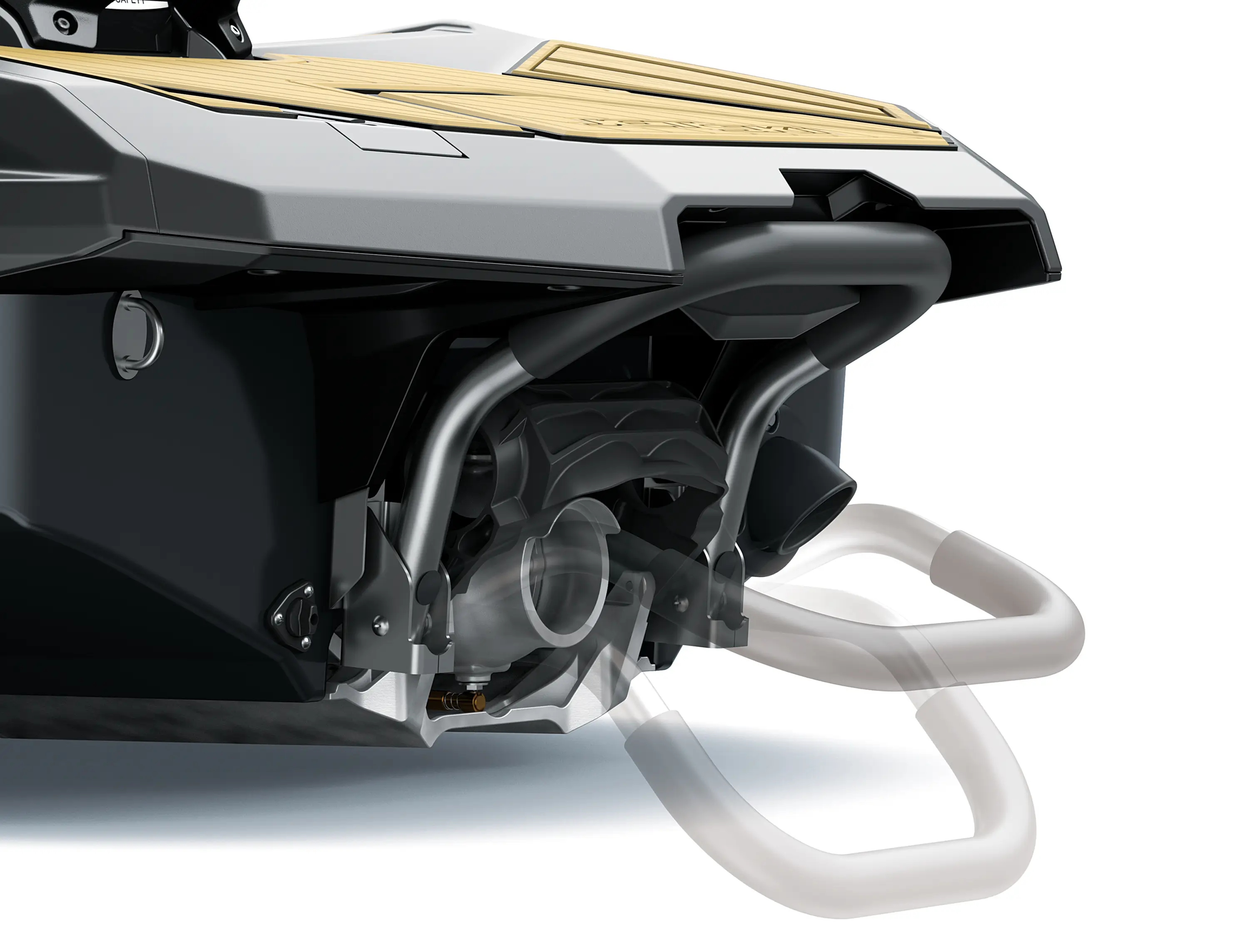 Rear angle detail of a personal watercraft staged in a white studio background.