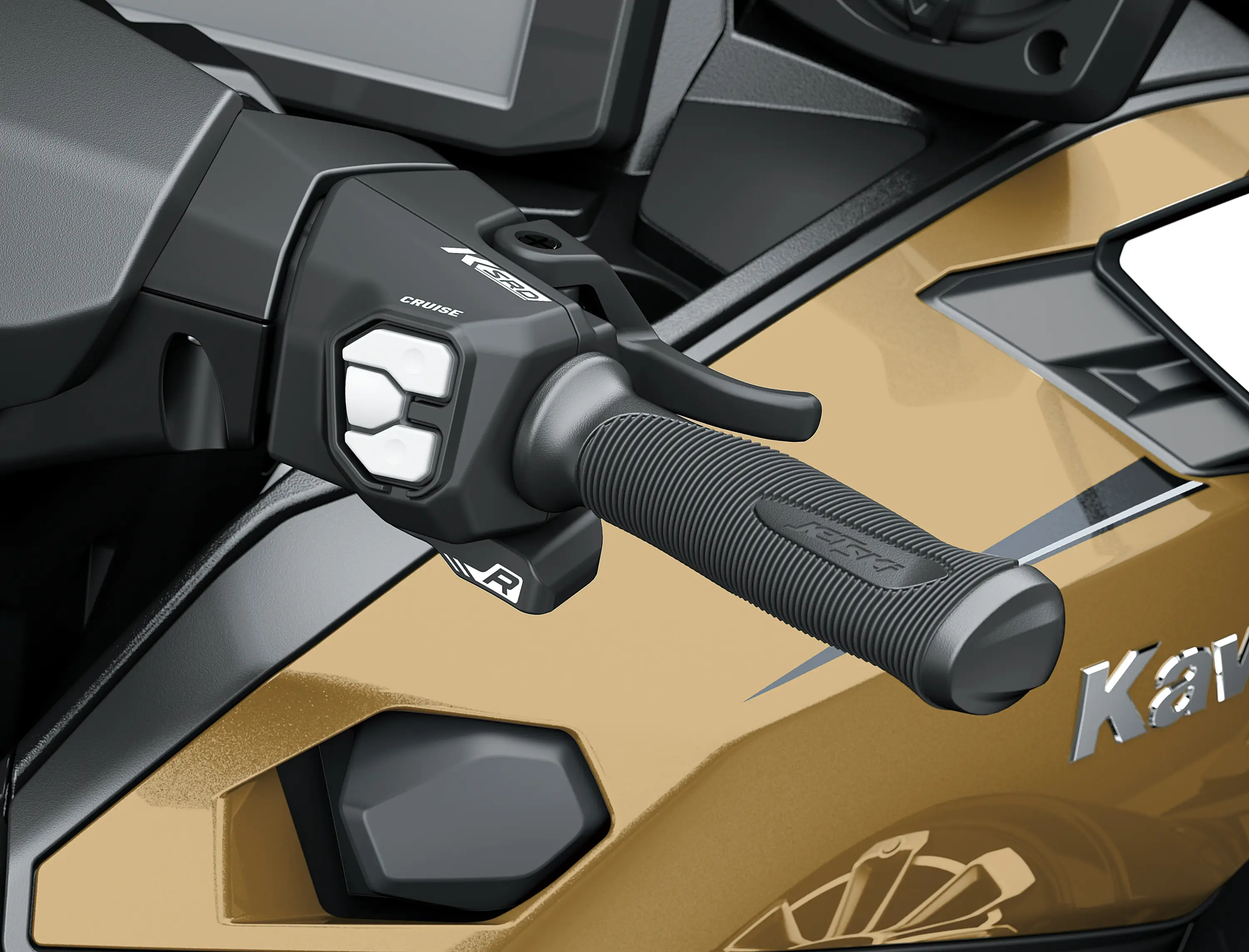 Handlebar of a personal watercraft staged in a white studio background.
