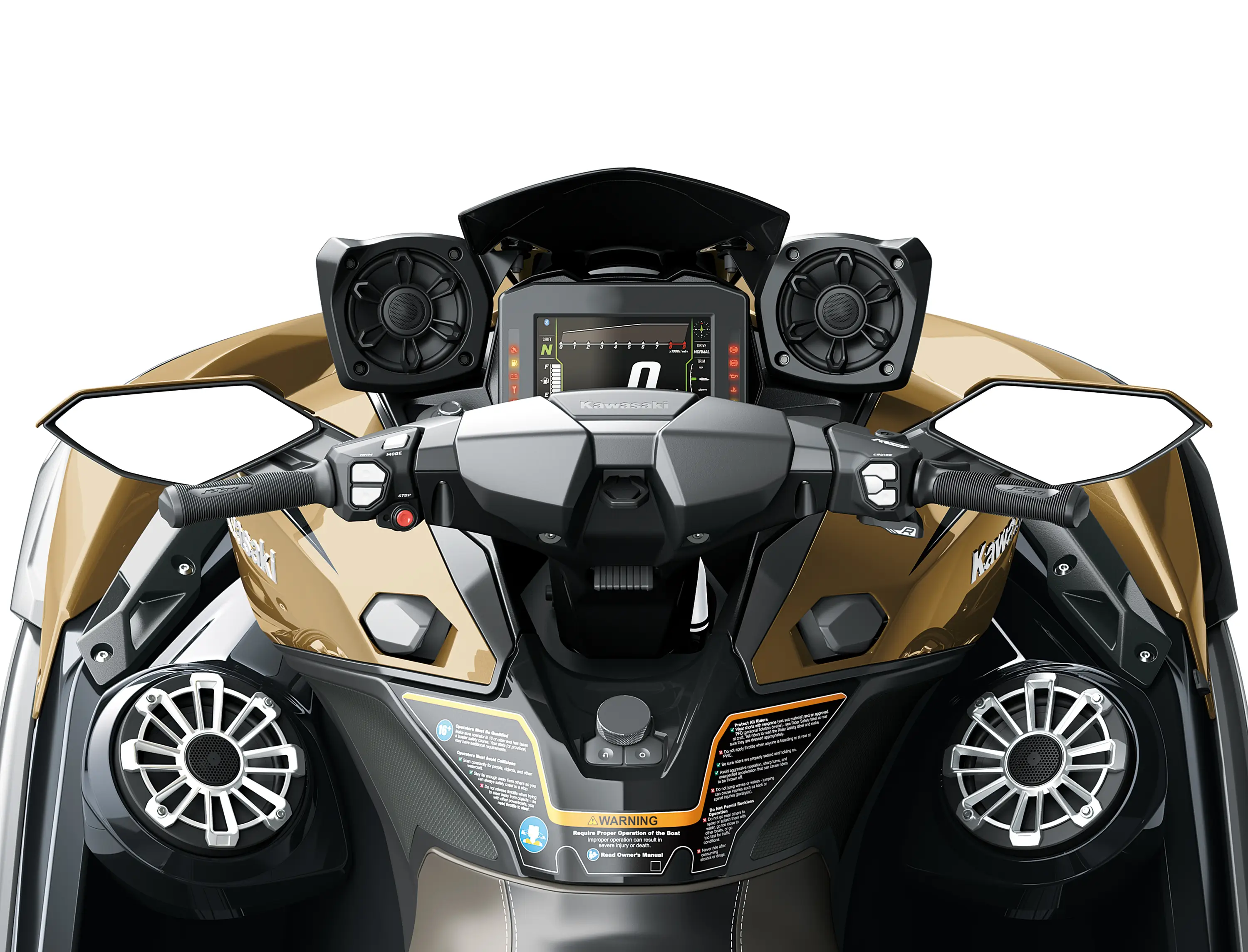 Rider POV of a personal watercraft staged in a white studio background.
