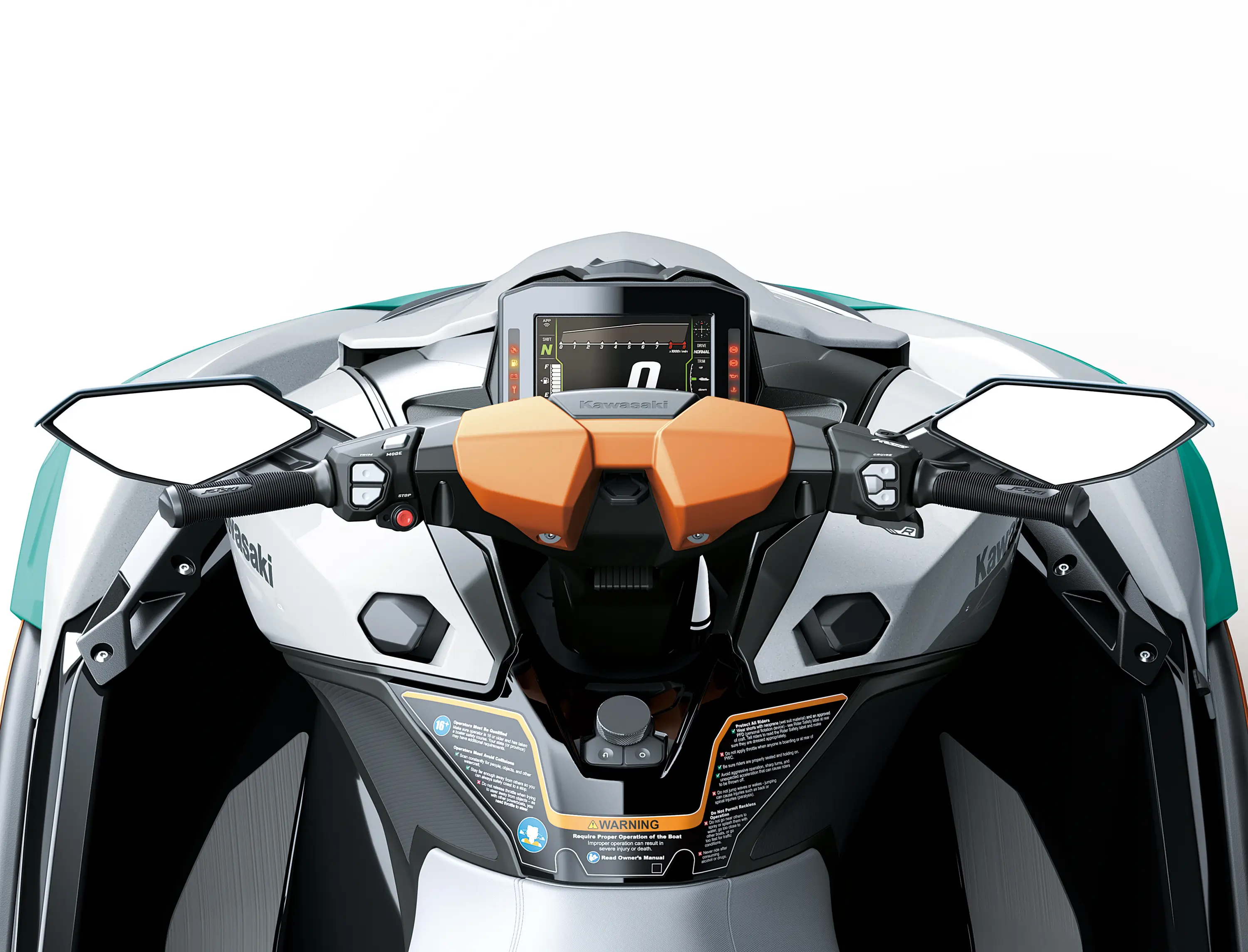 Rider POV of a personal watercraft staged in a white studio background.