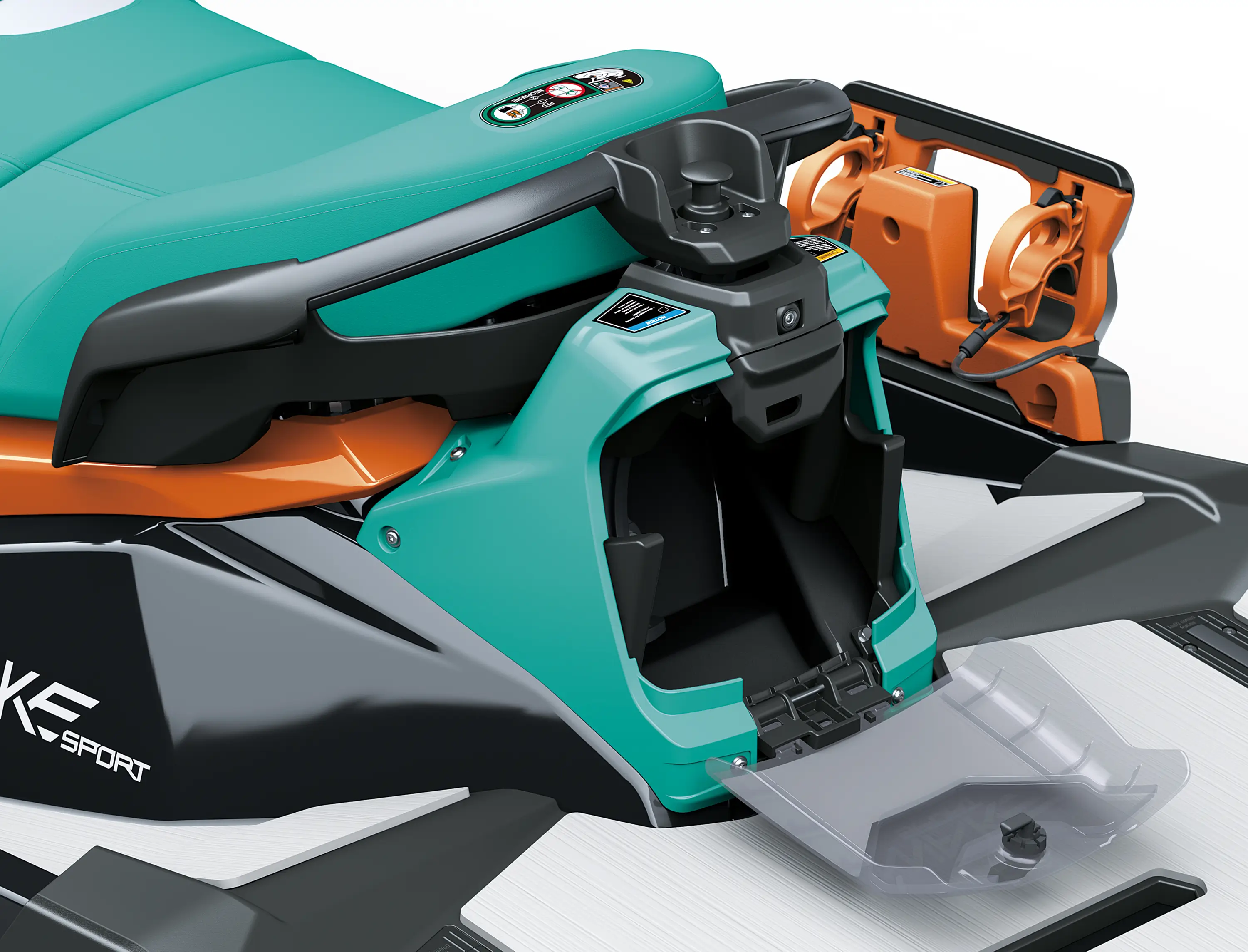 Rear detail of a personal watercraft staged in a white studio background.