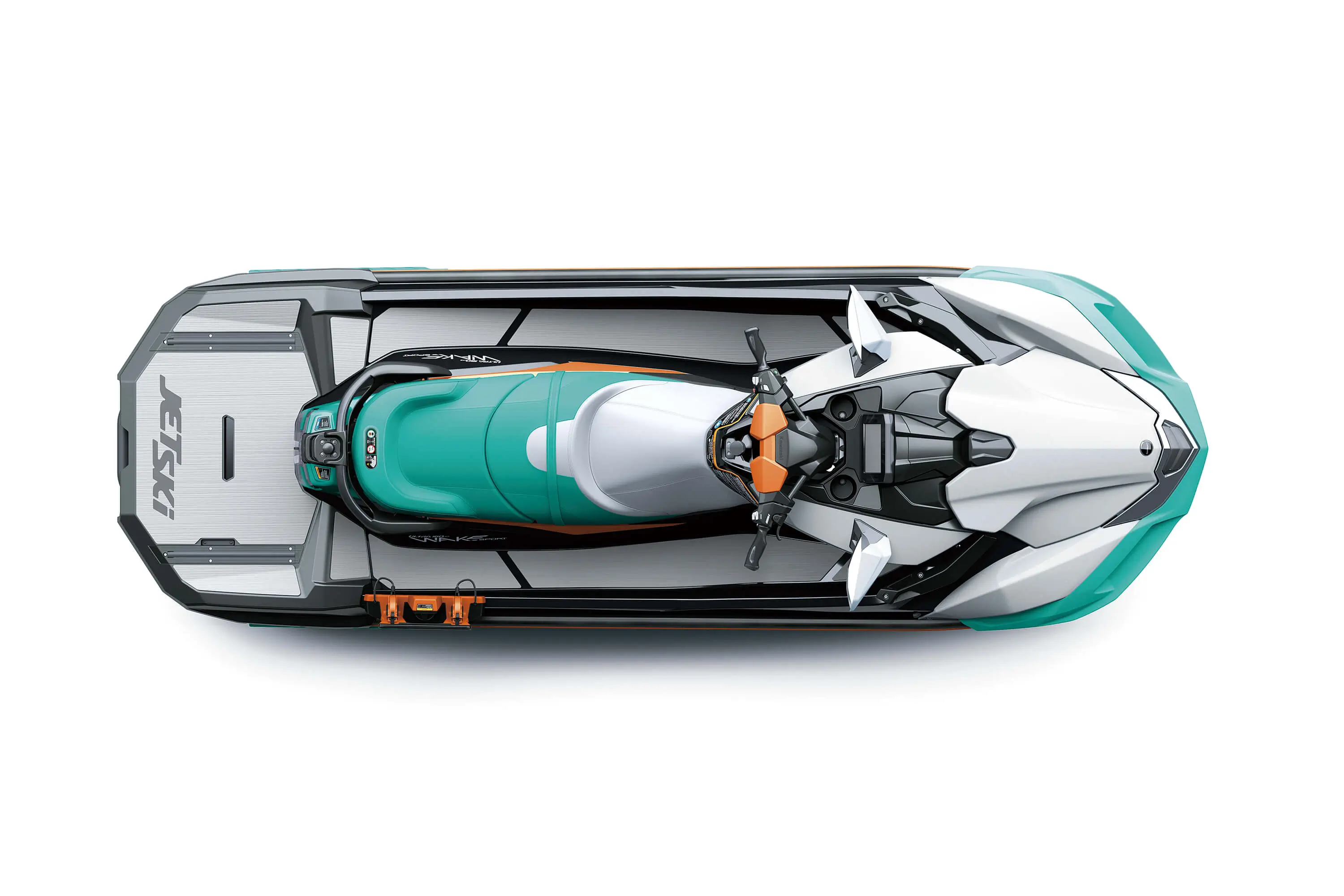 Overhead angle of a personal watercraft staged in a white studio background.