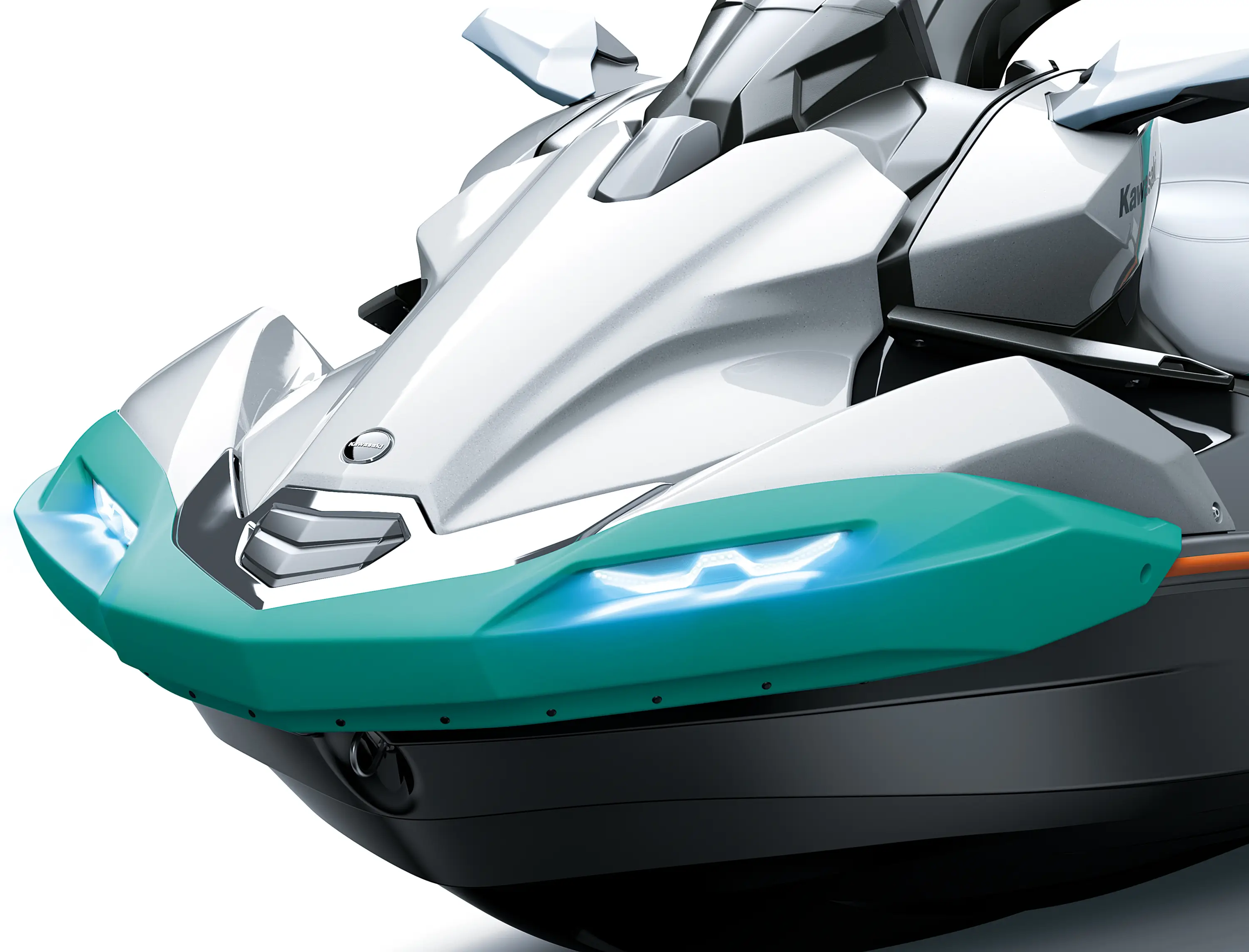 Closeup on the nose of a personal watercraft staged in a white studio background.