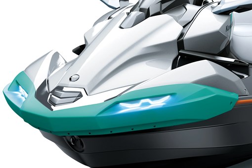 Closeup on the nose of a personal watercraft staged in a white studio background. opens in a new window