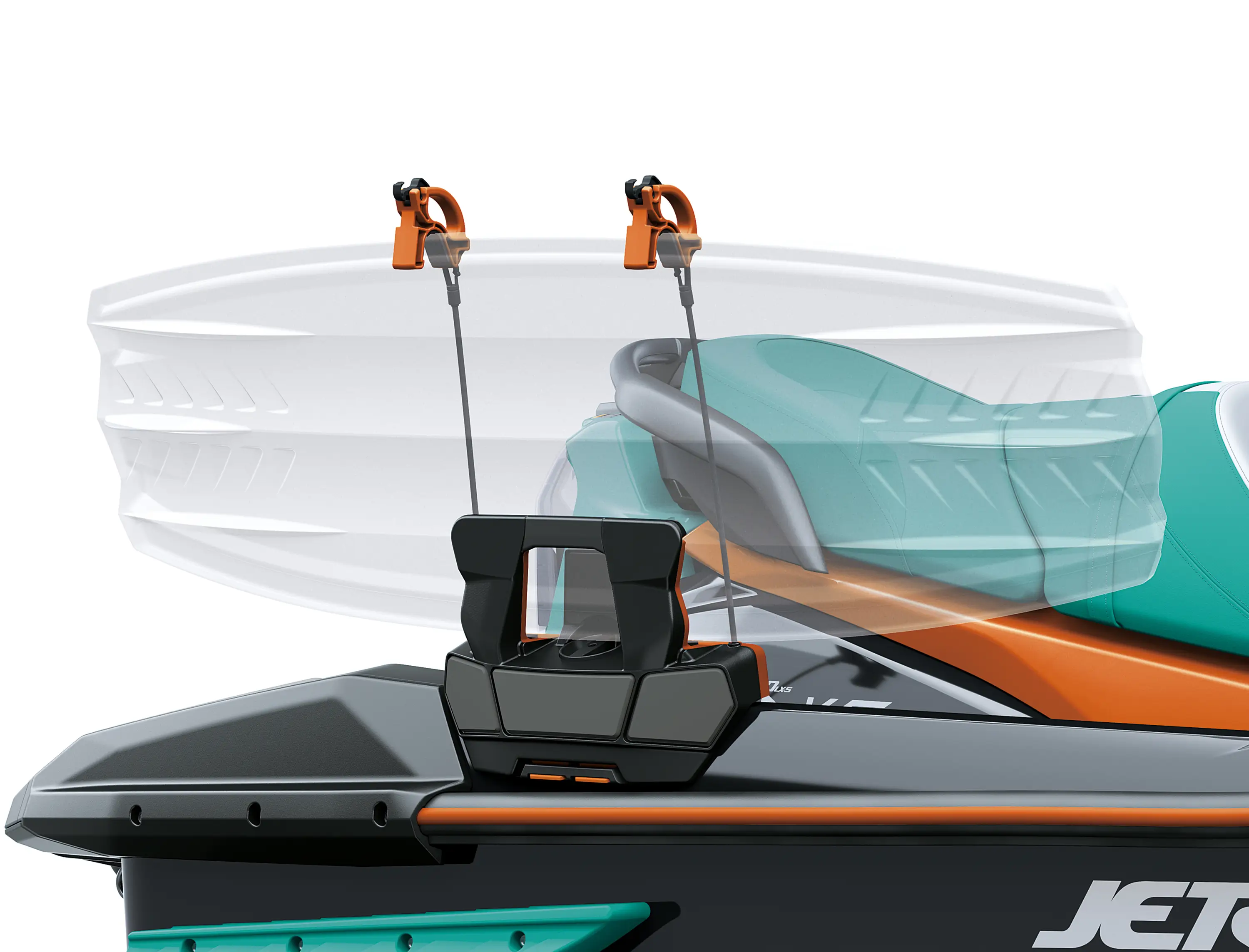 Showing how a wakeboard goes onto the holder on a personal watercraft staged in a white studio background.