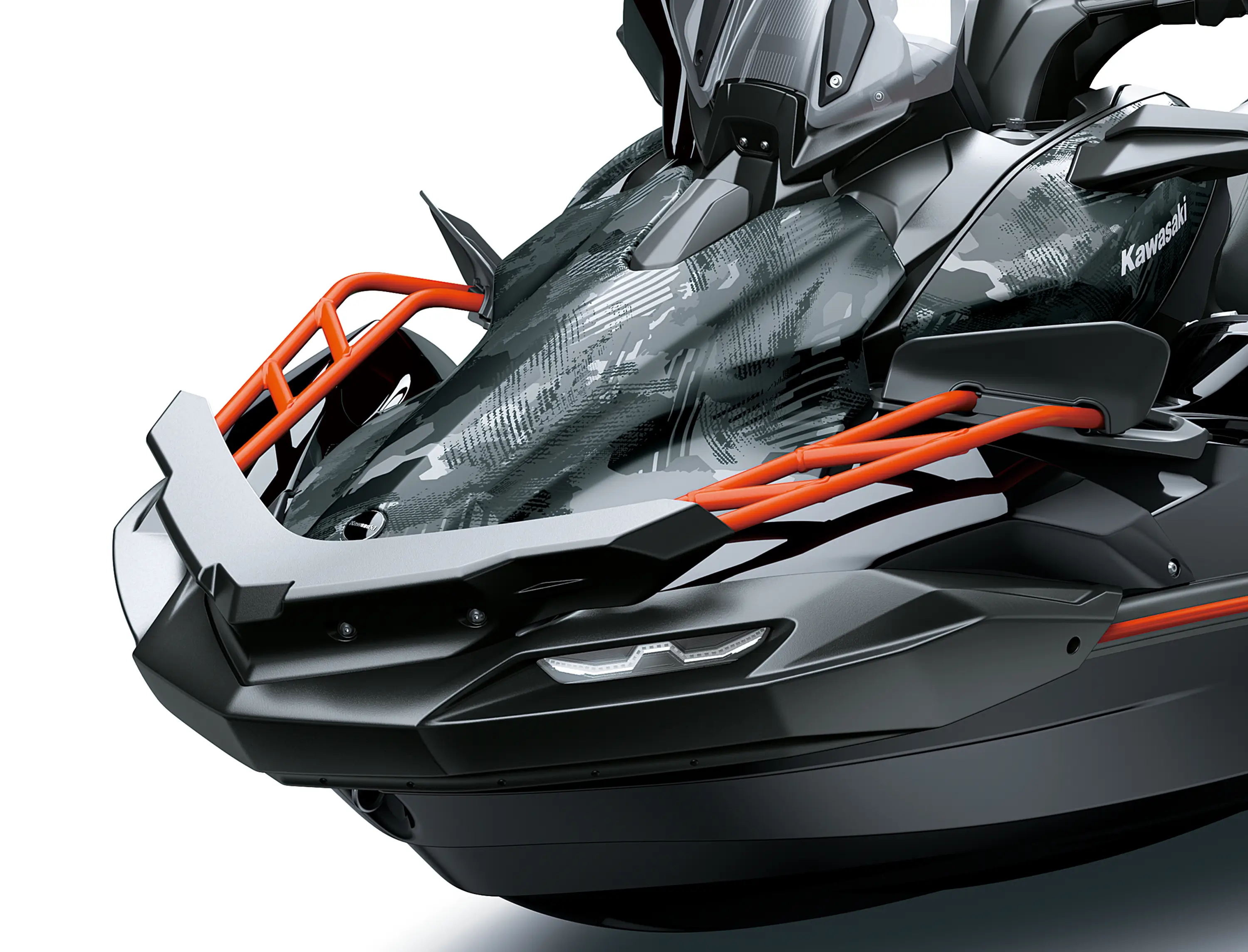 Closeup on the nose of a personal watercraft staged in a white studio background.