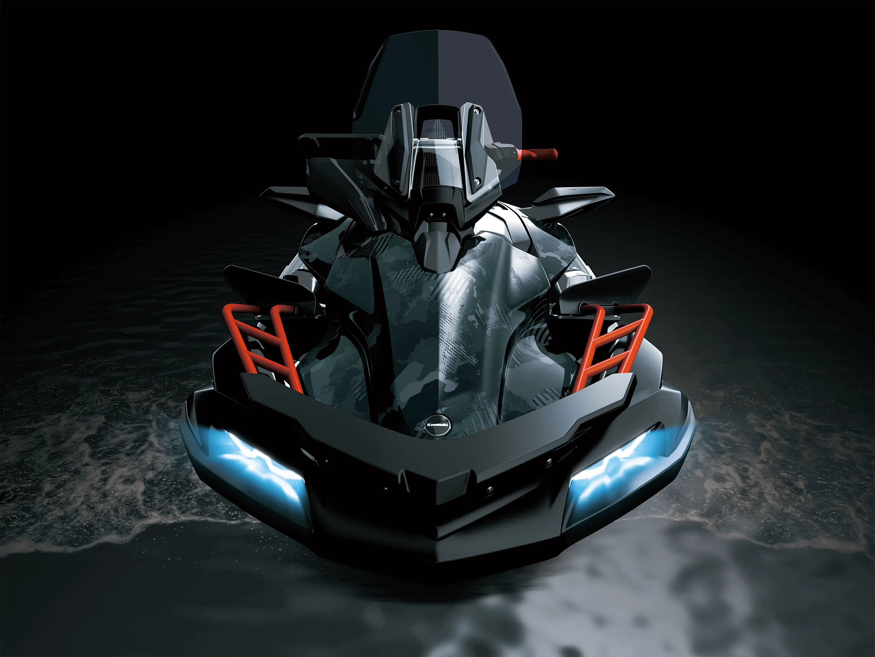 Front angle of a personal watercraft staged in a black studio background.