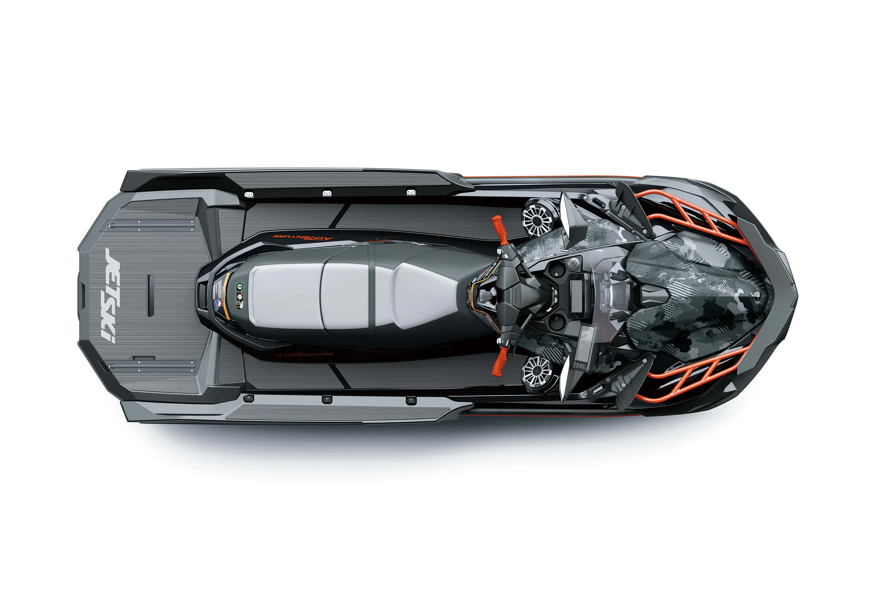 Overhead angle of a personal watercraft staged in a white studio background.