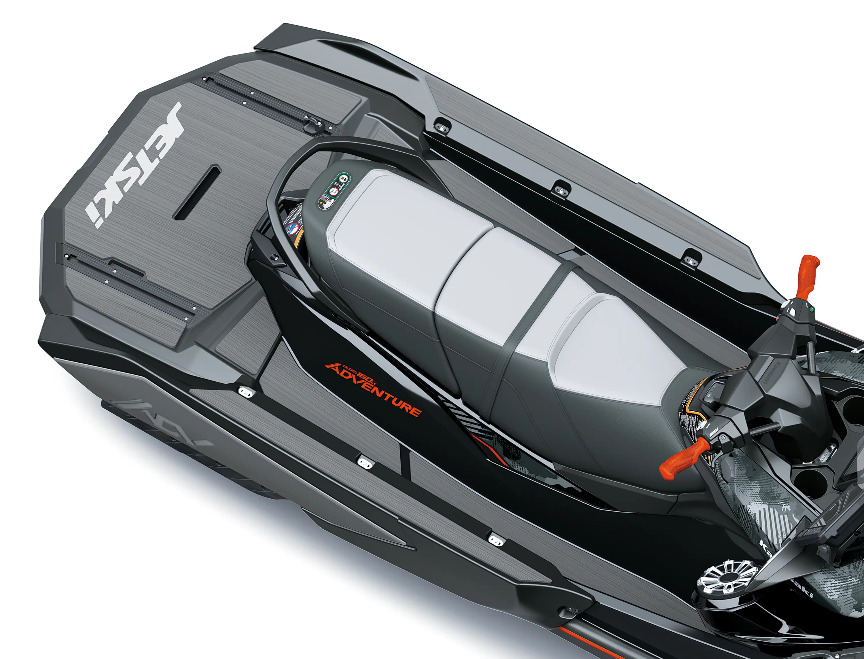 Overhead angle of a personal watercraft staged in a white studio background.