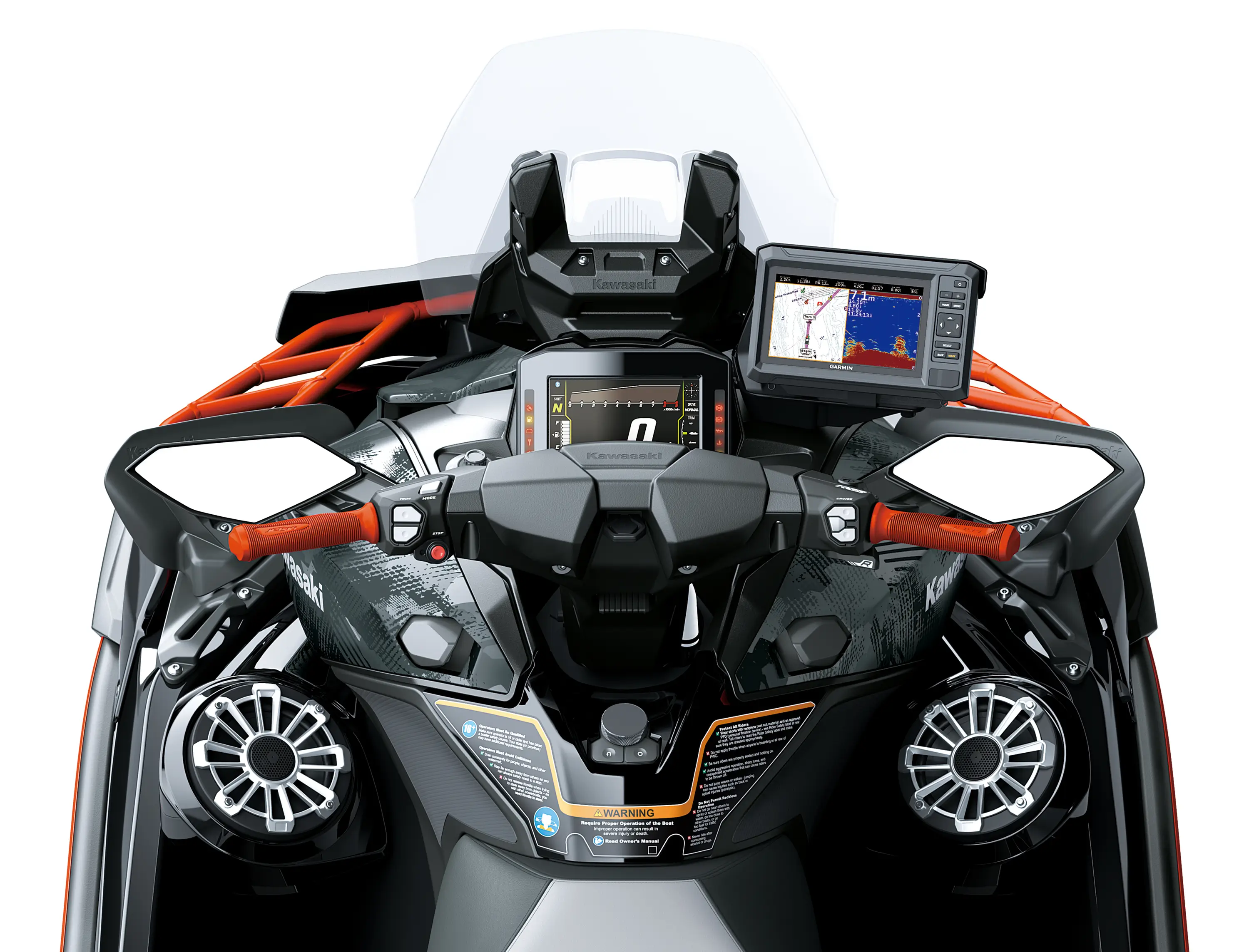 Rider POV of a personal watercraft staged in a white studio background.