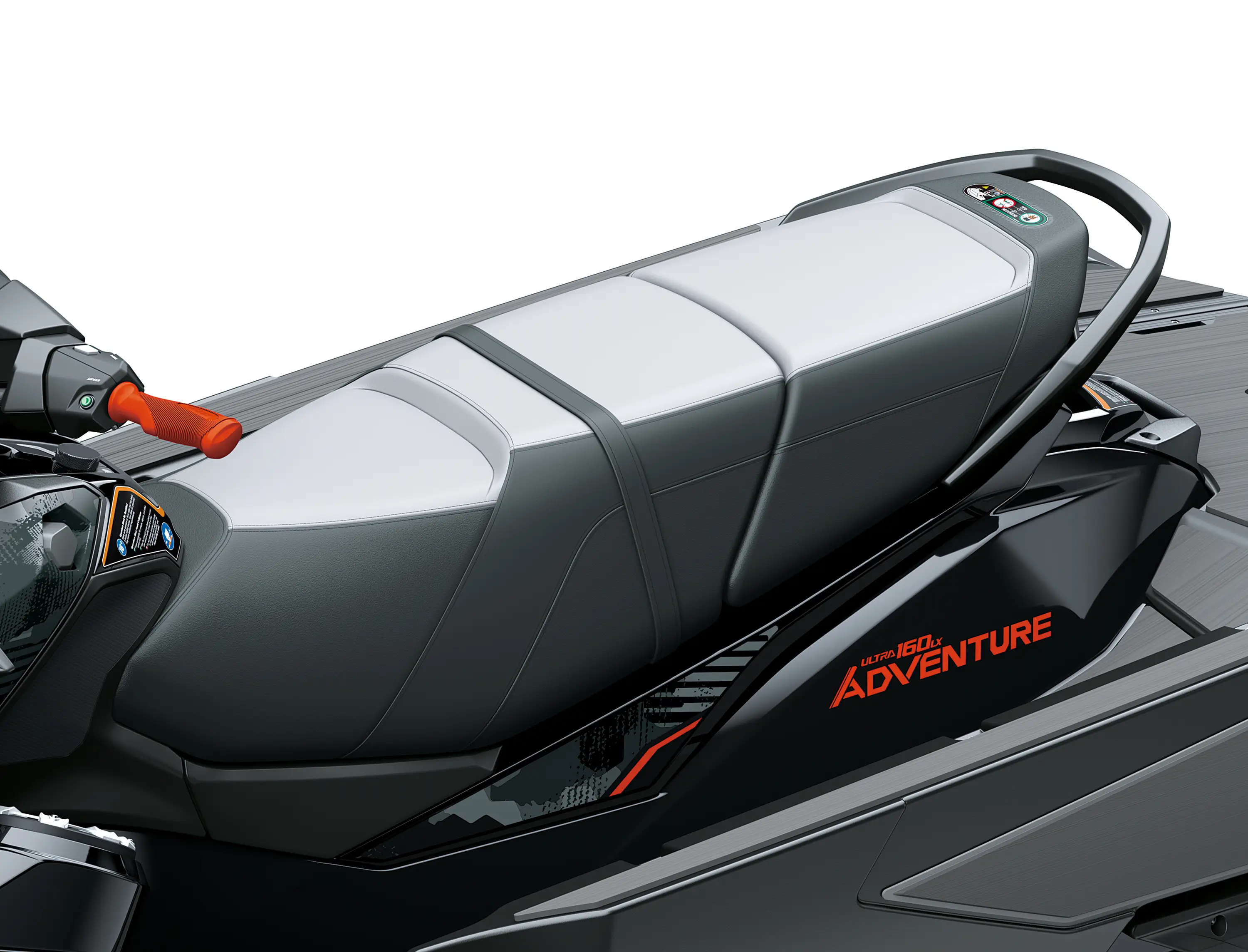 Seat of a personal watercraft staged in a white studio background.