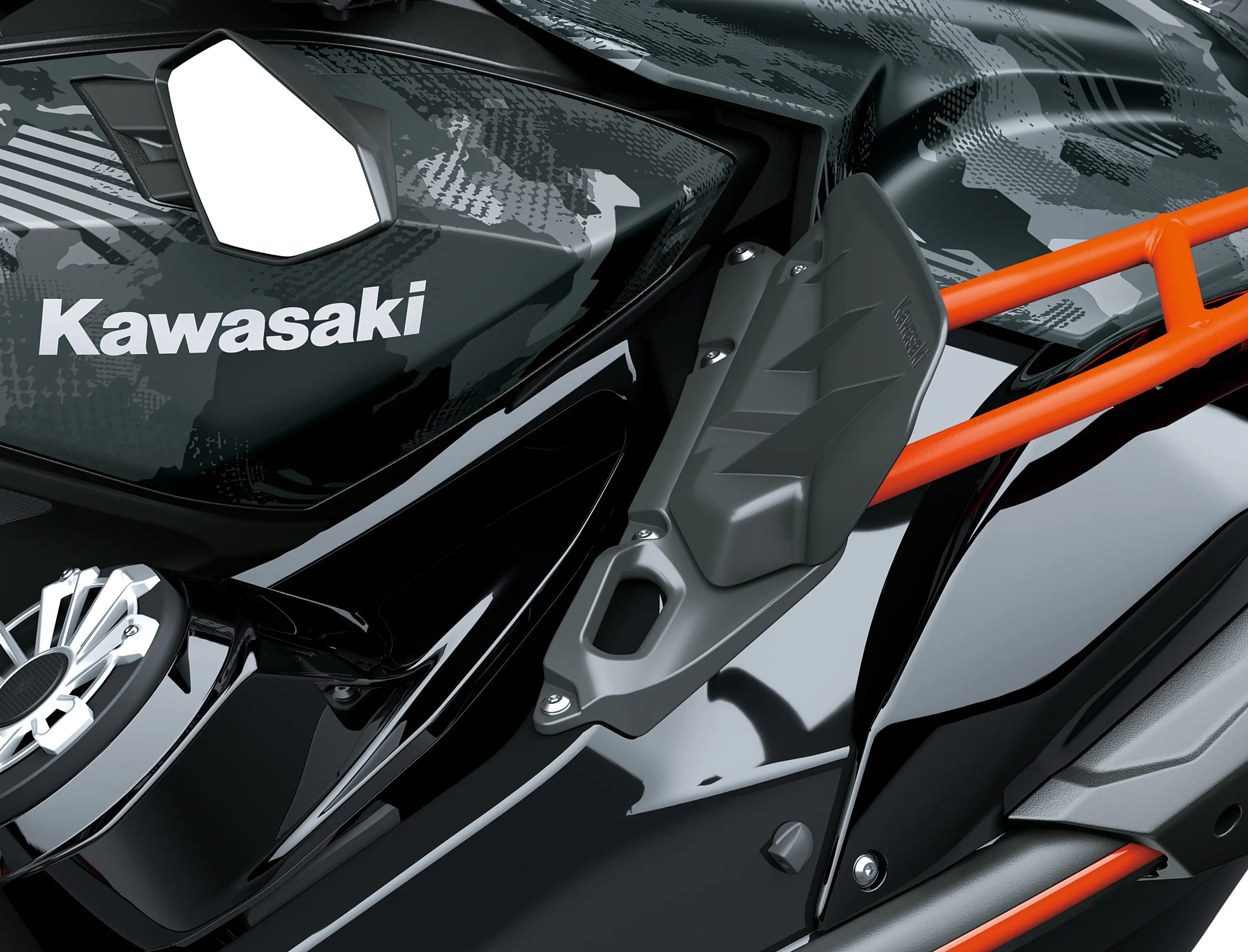 Detail of a personal watercraft staged in a white studio background.